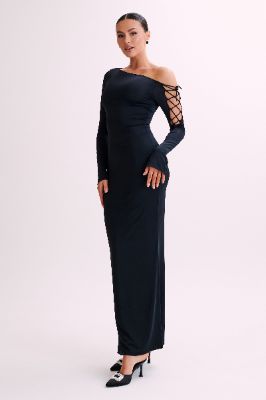 Gabby Tie Sleeve Satin Maxi Dress - Black sold by Meshki