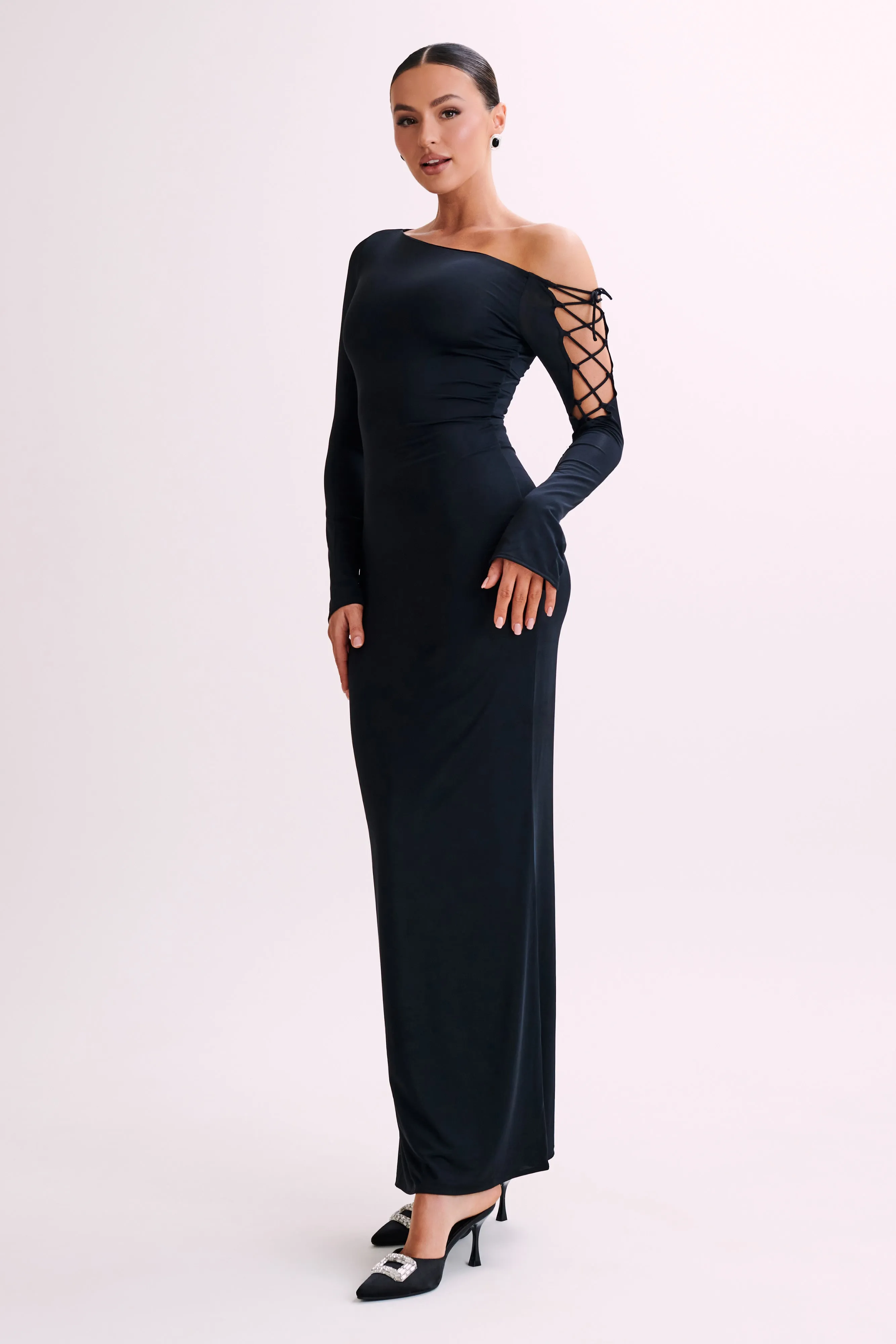 Gabby Tie Sleeve Slinky Maxi Dress - Black sold by Meshki product image thumbnail 4