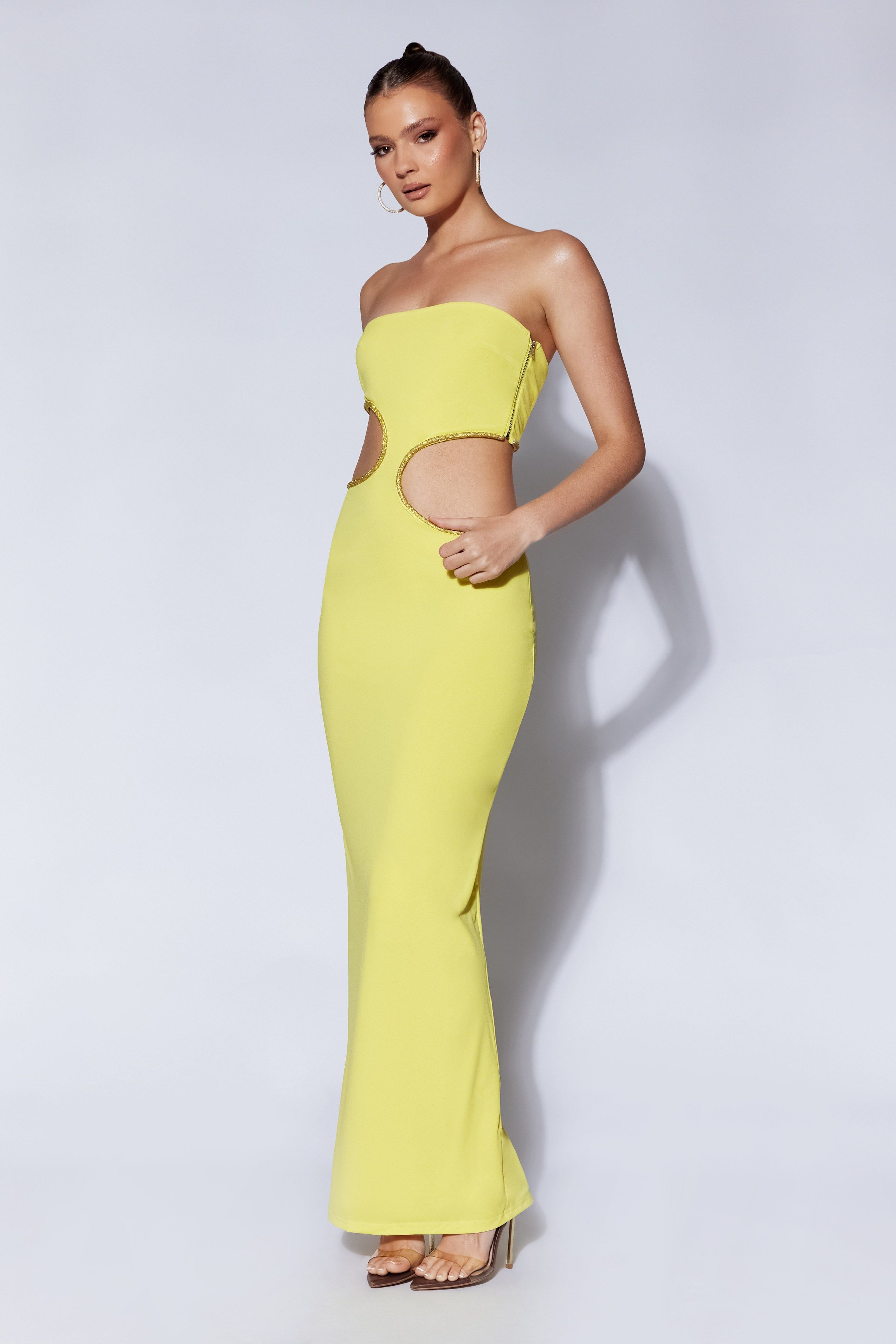 Jaden Strapless Cut Out Maxi Dress - Chartreuse sold by Meshki