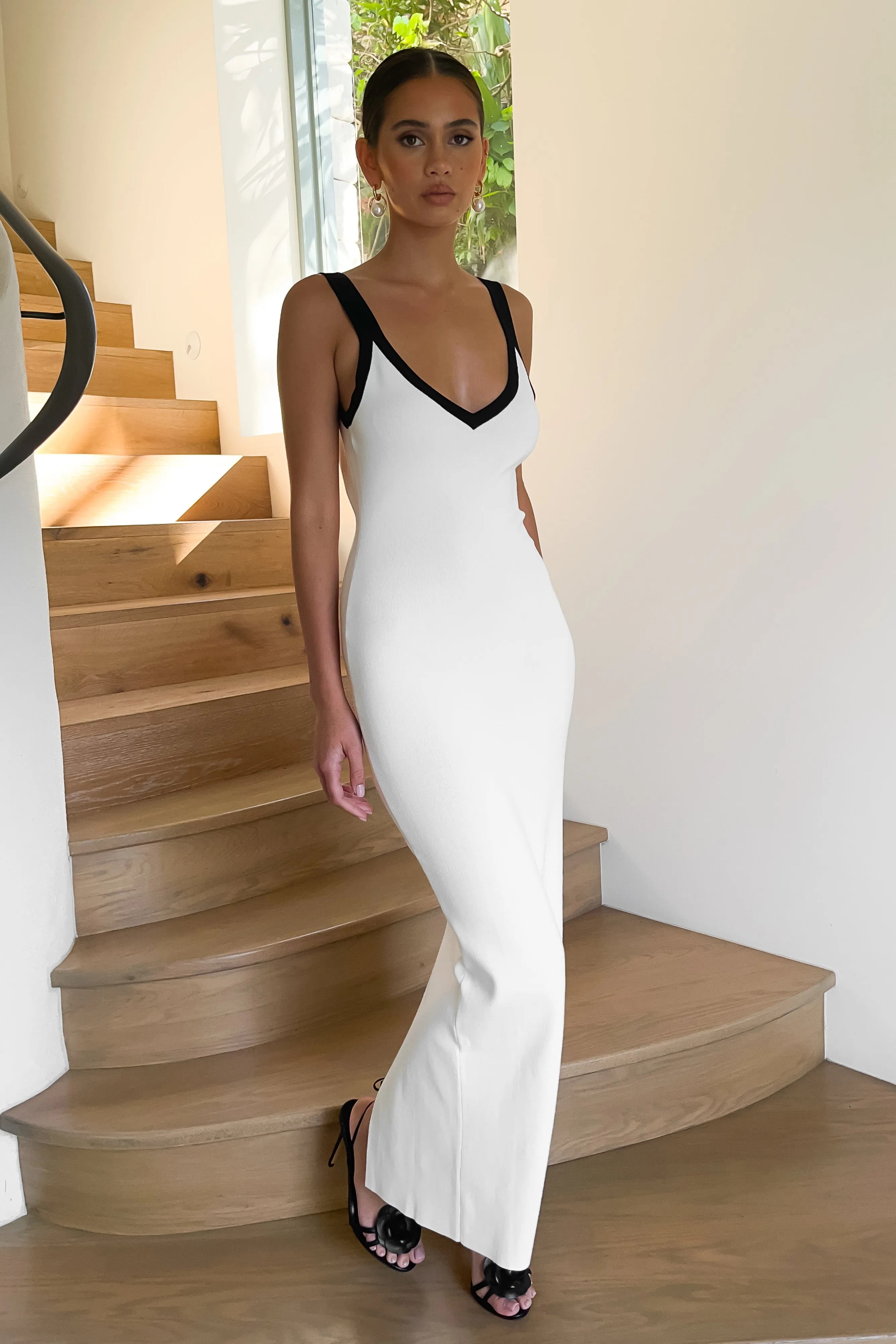 Debbi Contrast Knit Midi Dress - White sold by Meshki