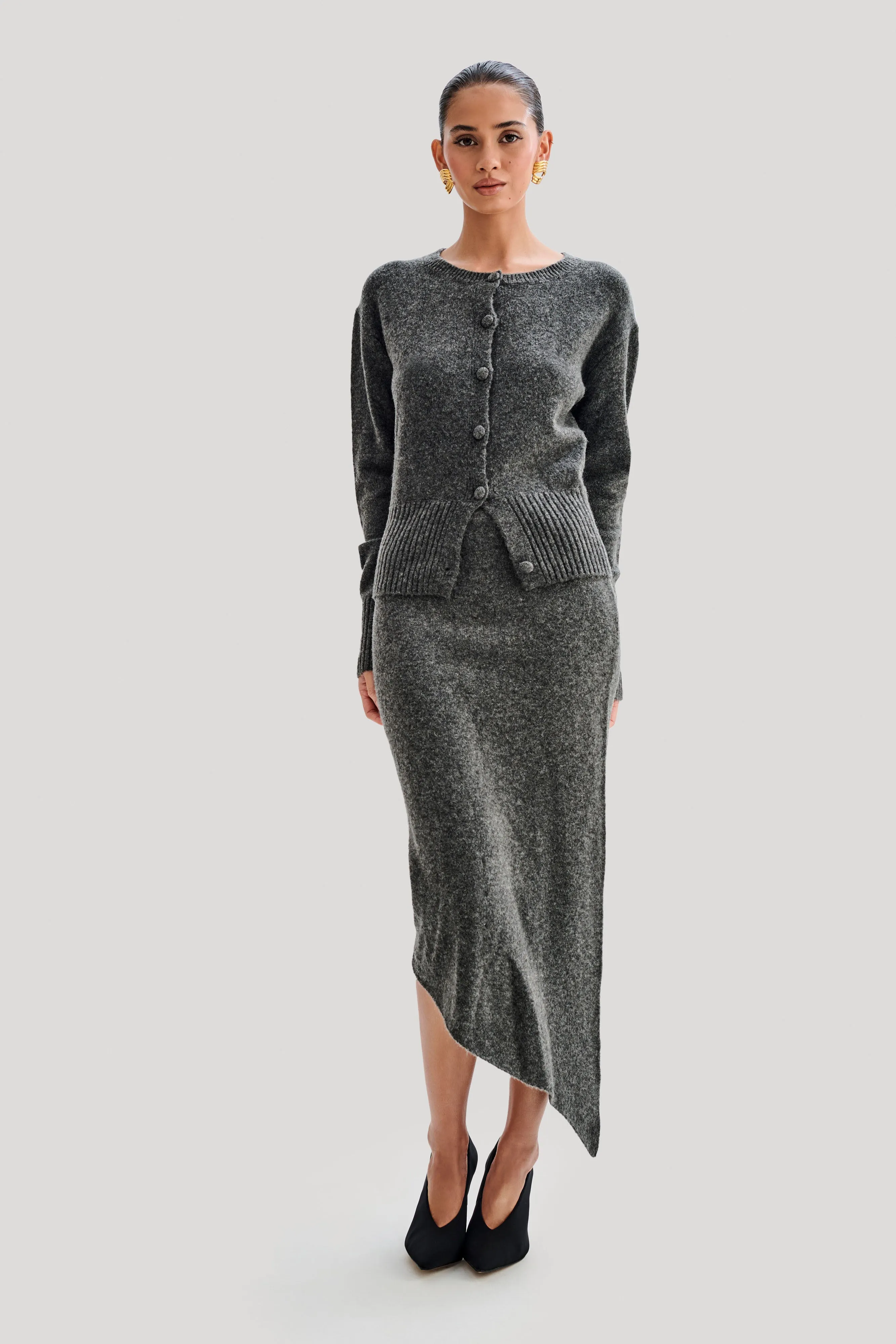 Genevieve Asymmetrical Knit Midi Skirt - Charcoal sold by Meshki product image thumbnail 5