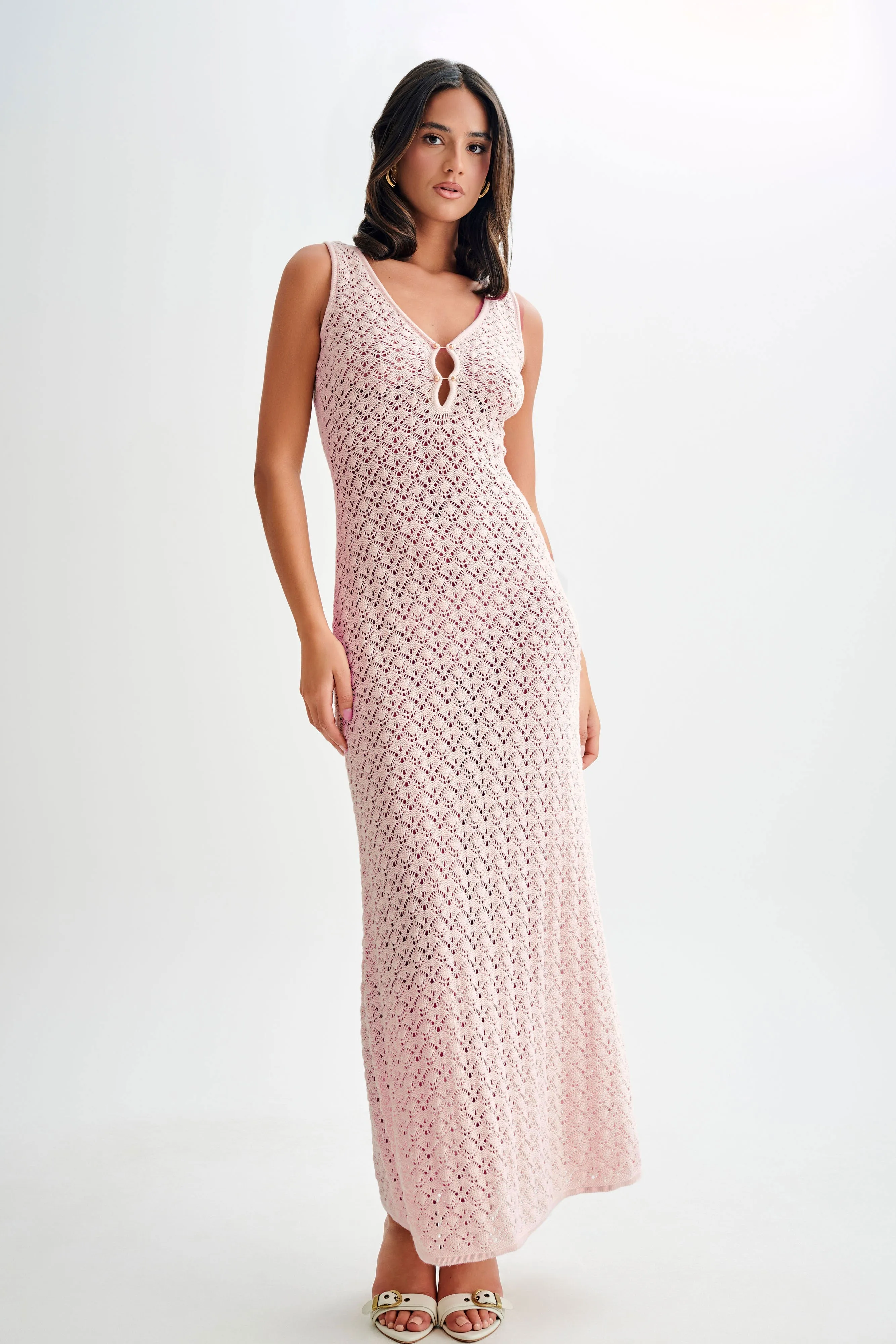 Carter Crochet Sleeveless Maxi Dress - Powder Pink sold by Meshki