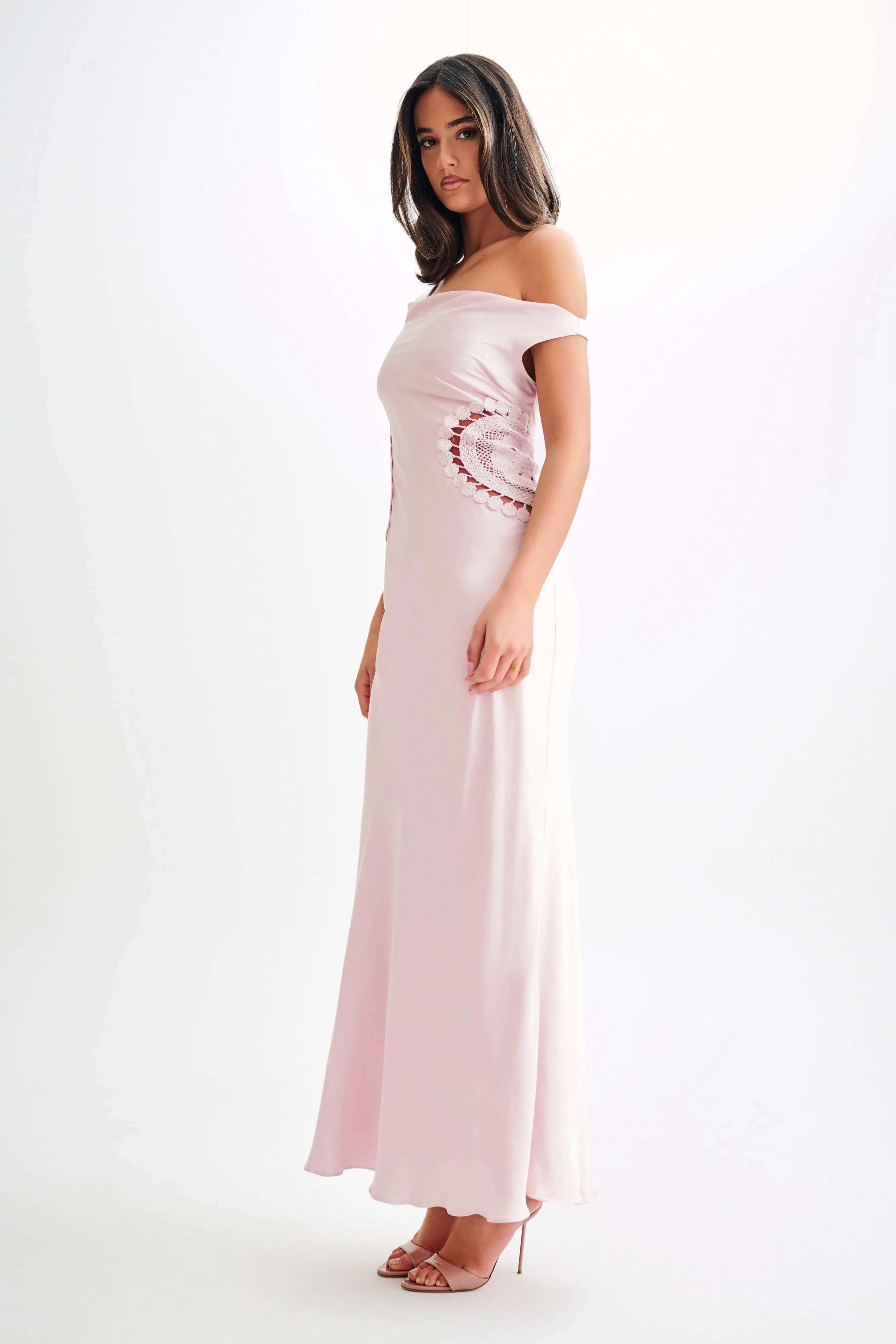 Kristina Satin Maxi Dress With Crochet - Pale Pink sold by Meshki product image thumbnail 3