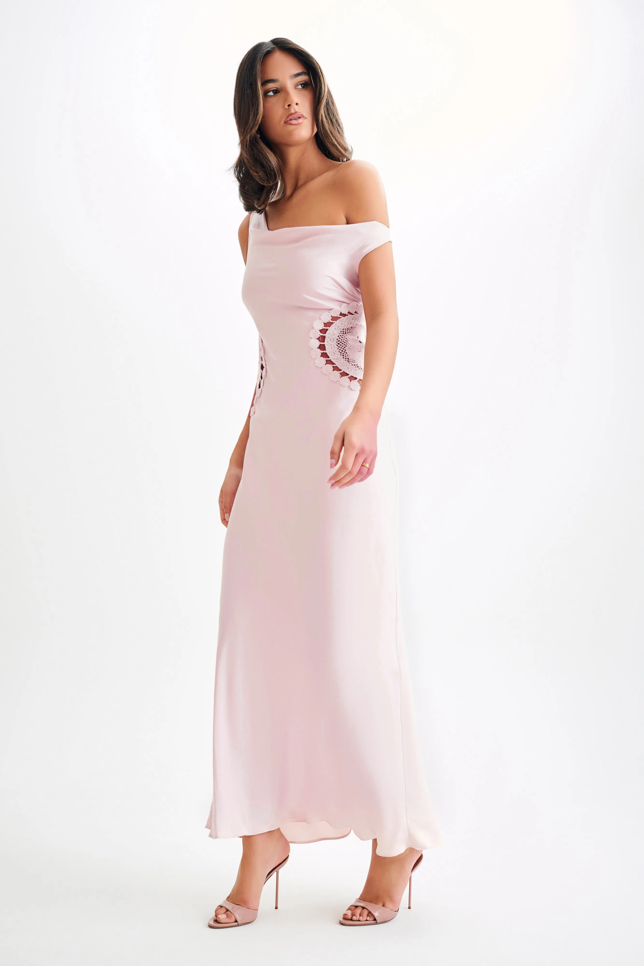 Kristina Satin Maxi Dress With Crochet - Pale Pink sold by Meshki product image thumbnail 4