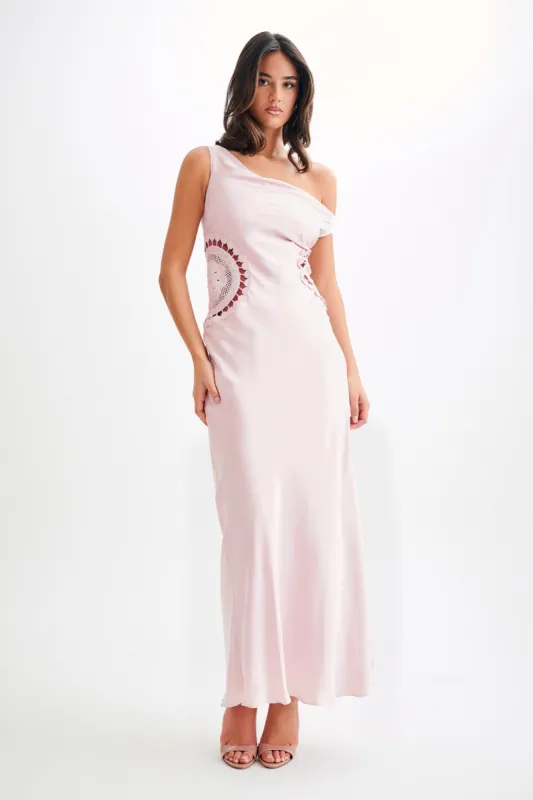 Kristina Satin Maxi Dress With Crochet - Pale Pink sold by Meshki