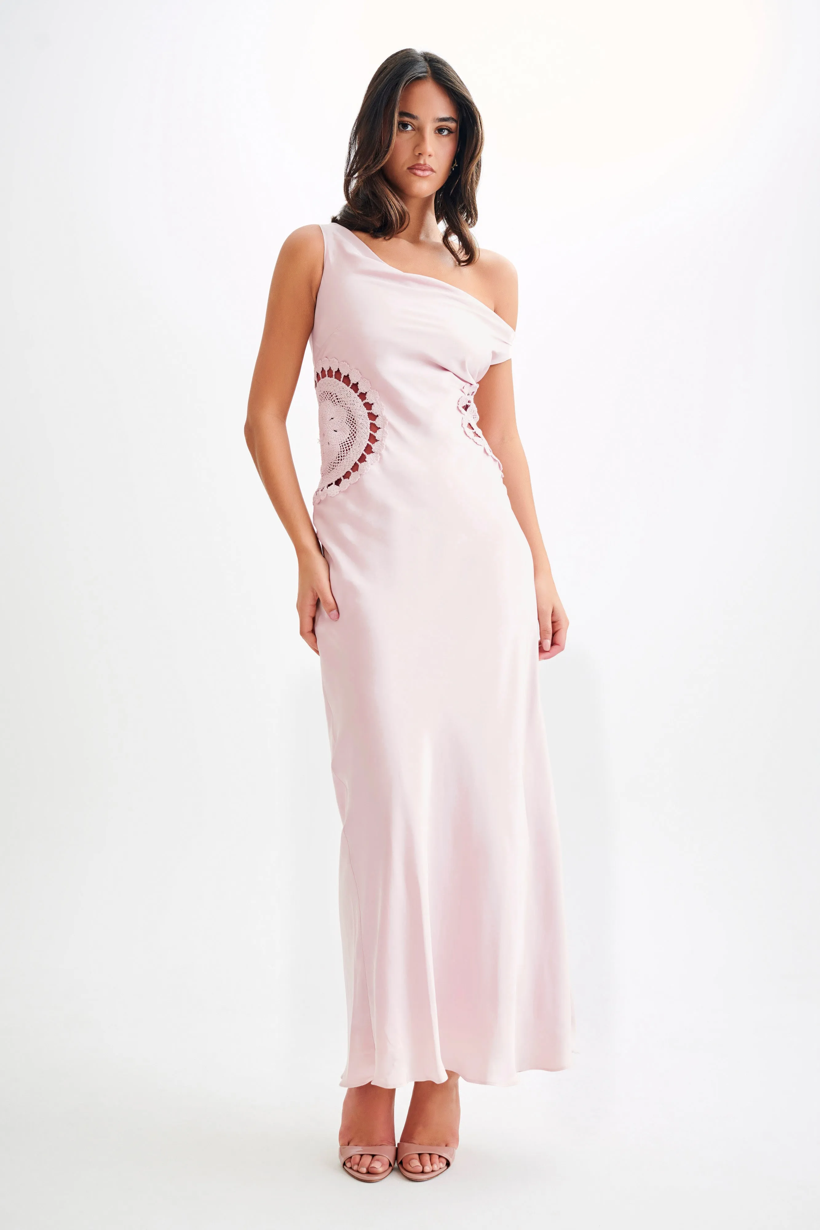 Kristina Satin Maxi Dress With Crochet - Pale Pink sold by Meshki