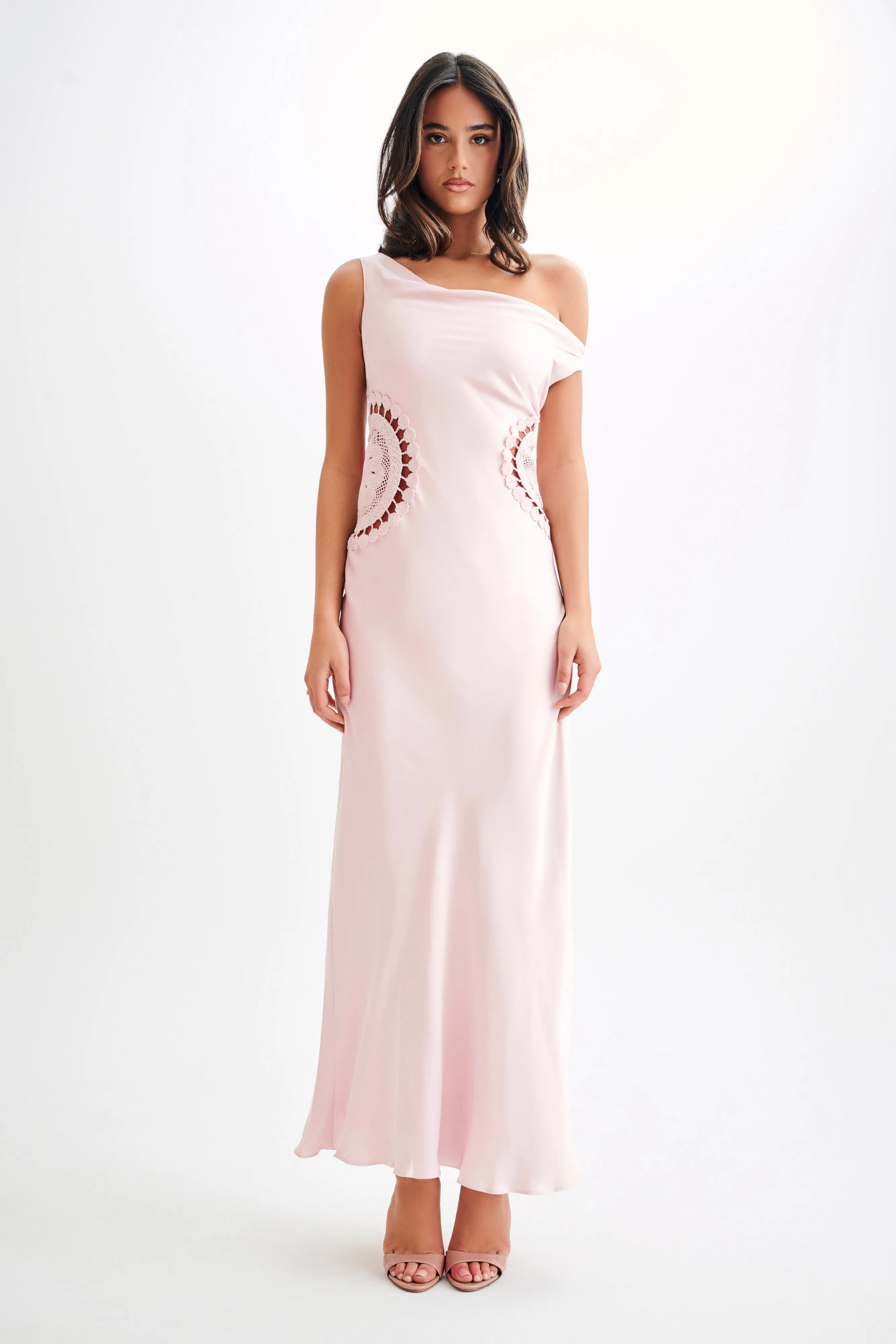 Kristina Satin Maxi Dress With Crochet - Pale Pink sold by Meshki product image thumbnail 2