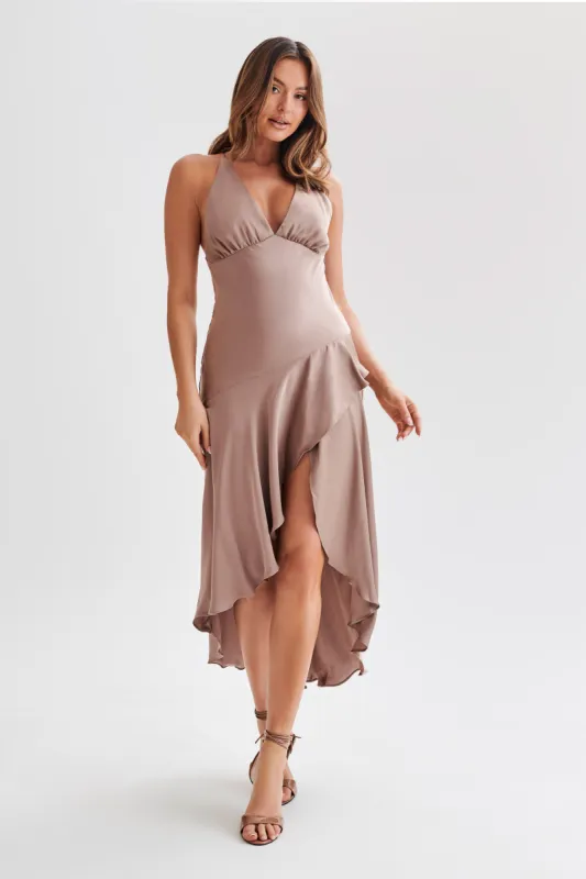 Casey Satin Midi Dress - Mocha sold by Meshki
