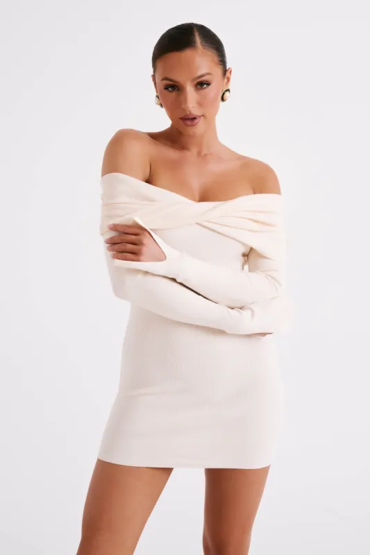 Clover Off Shoulder Knit Mini Dress - Cream sold by Meshki