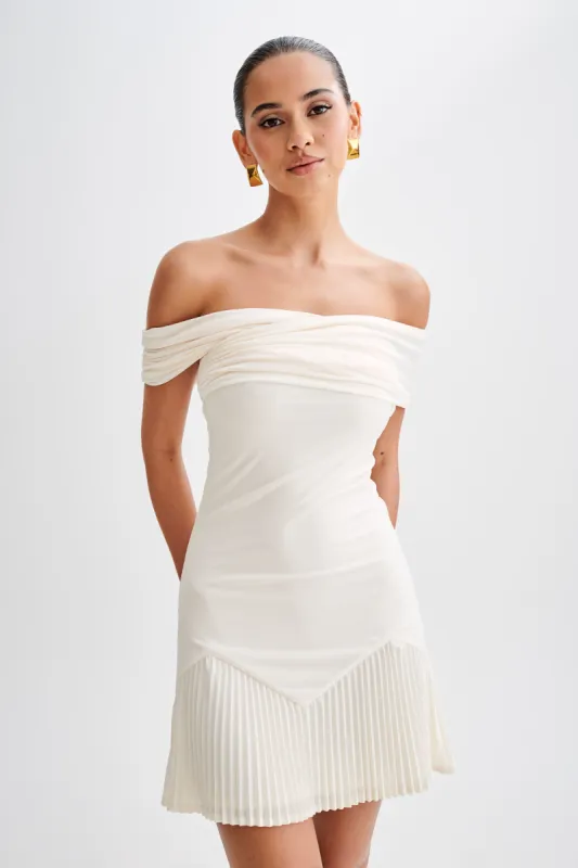 Melina Slinky Off Shoulder Mini Dress - Ivory sold by Meshki