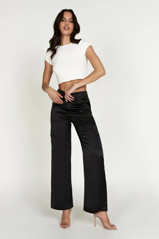 Amaya Satin Cargo Pant - Black sold by Meshki
