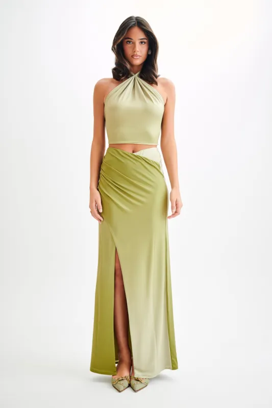 Bronwyn Slinky Ruched Maxi Skirt With Split - Ombre Vintage Olive sold by Meshki