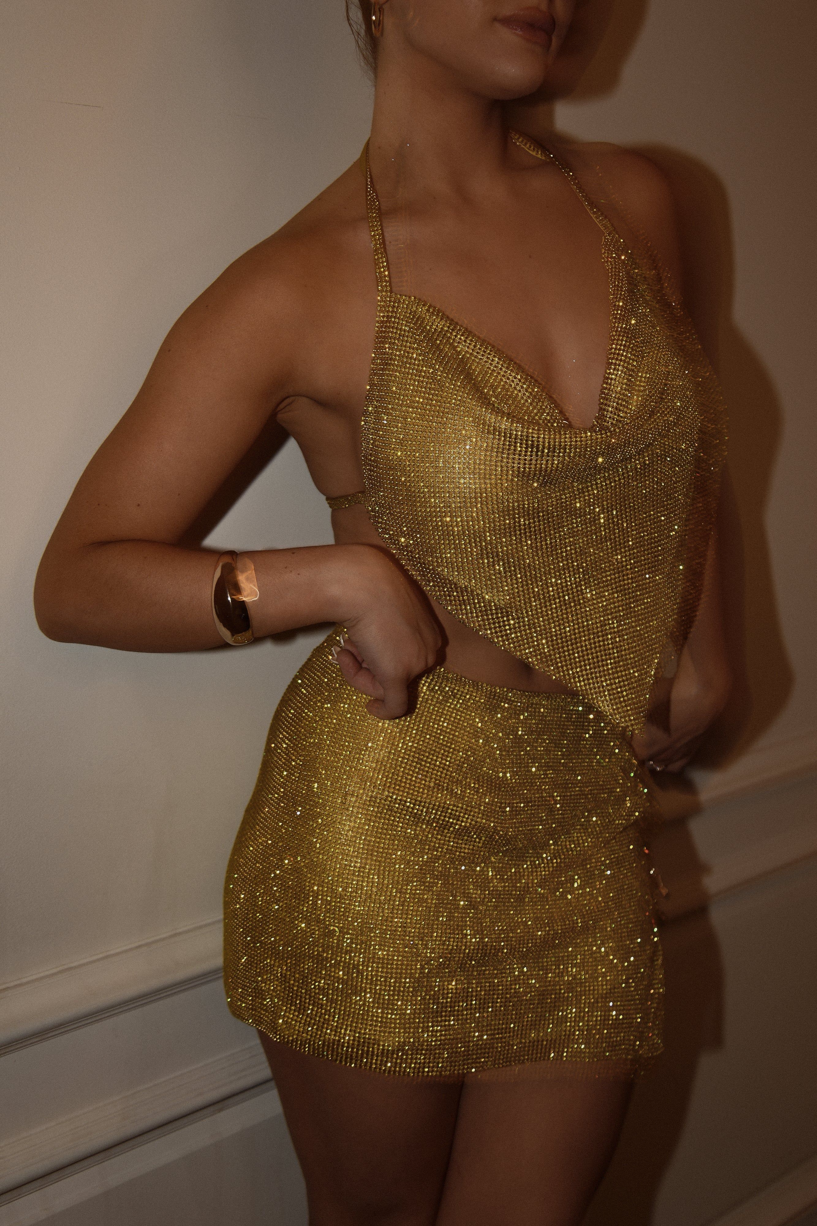 Daphne Diamante Cowl Neck Halter Top - Chartreuse sold by Meshki