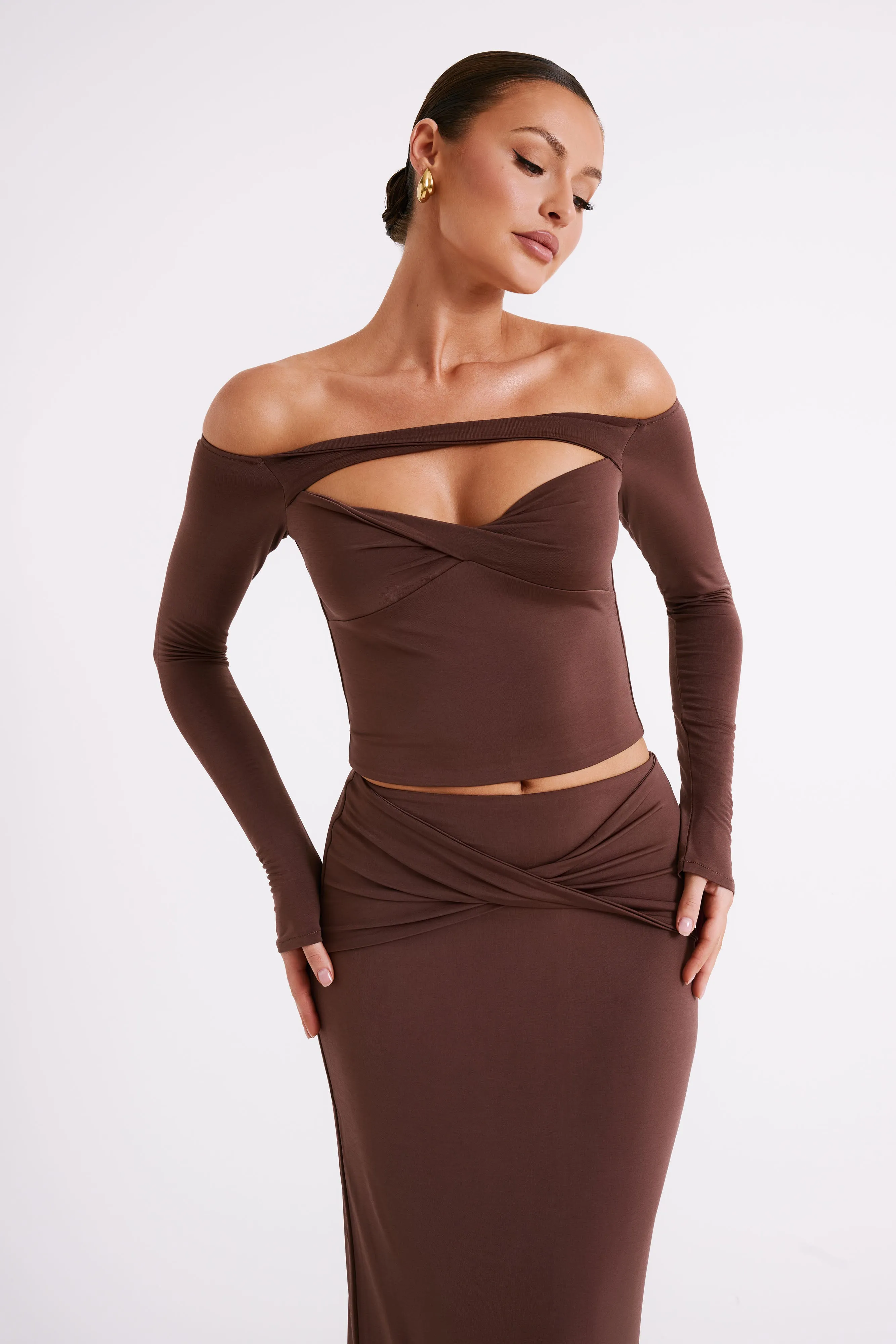 Ceri Off Shoulder Long Sleeve Top - Mocha sold by Meshki