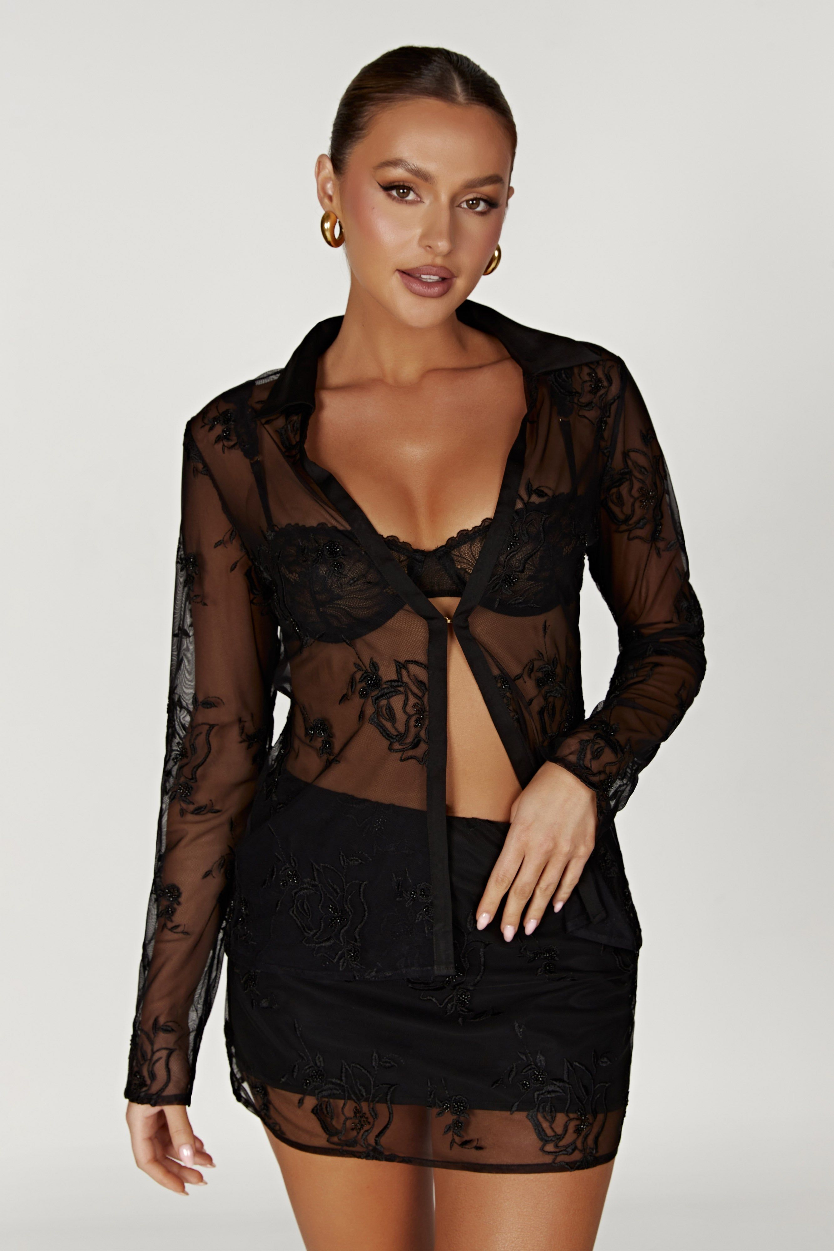 Vivica Embroidered Mesh Shirt - Black sold by Meshki product image thumbnail 2