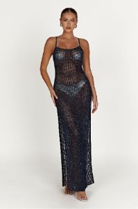 Zelda Sequin Crochet Maxi Dress - Midnight Navy sold by Meshki