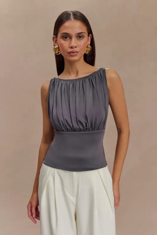 Tiarna Slinky Ruched Top - Dark Charcoal sold by Meshki