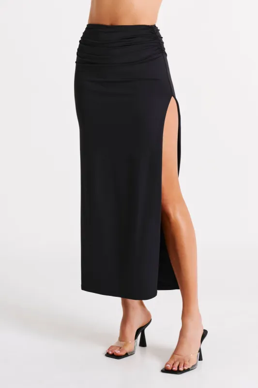 Emma Recycled Nylon Maxi Skirt - Black sold by Meshki