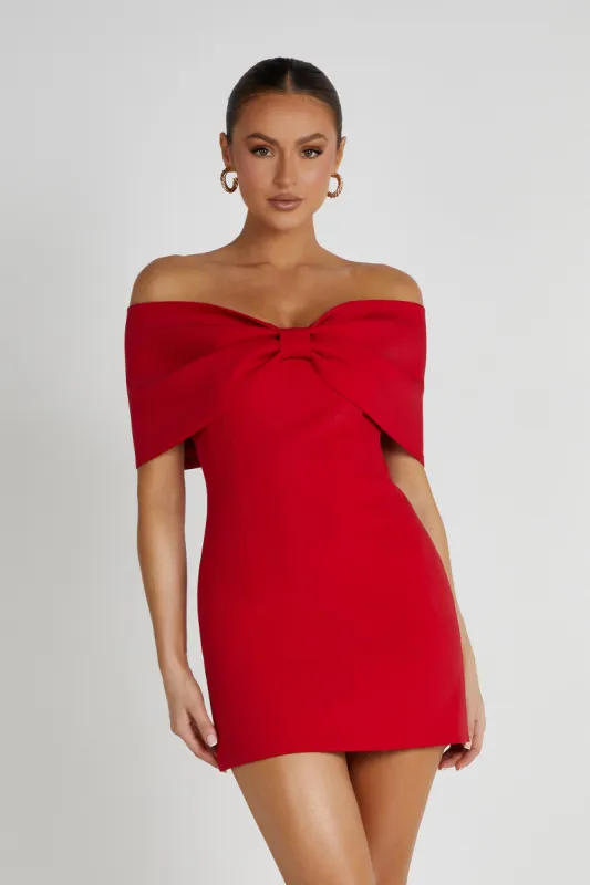 Gwyneth Off Shoulder Bow Mini Dress - Red sold by Meshki