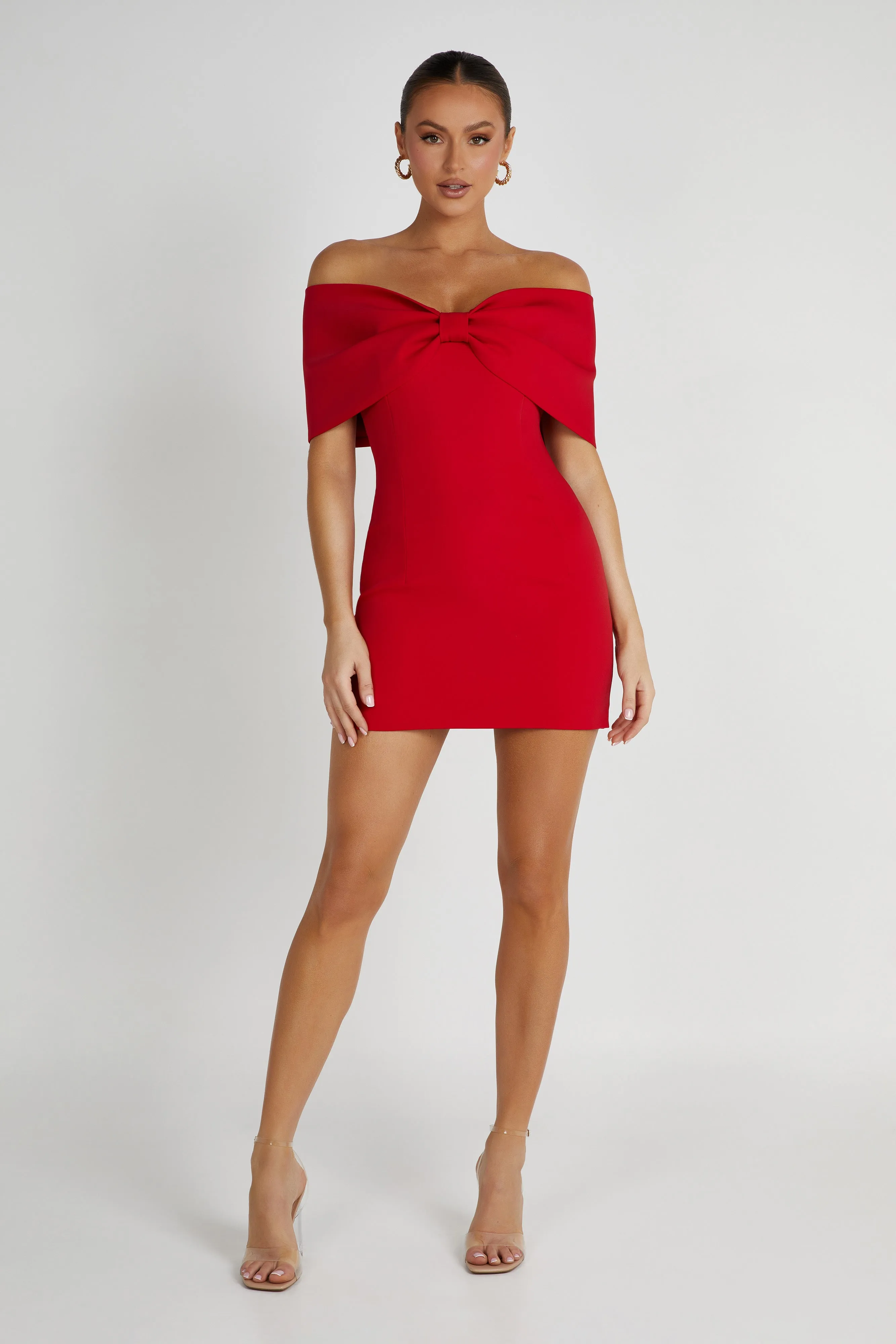 Gwyneth Off Shoulder Bow Mini Dress - Red sold by Meshki product image thumbnail 5