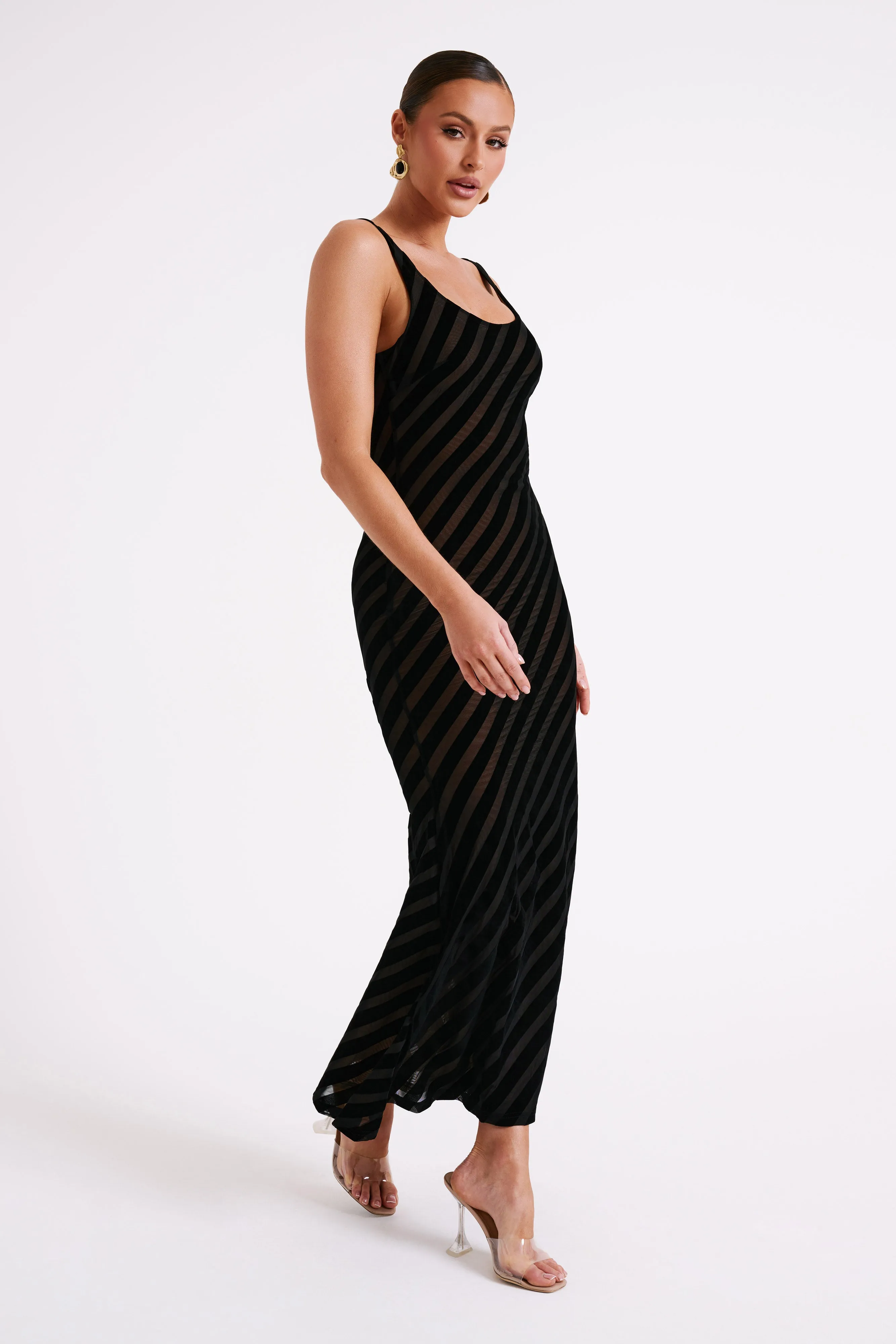 Elena Striped Velvet Burnout Maxi Dress - Black sold by Meshki product image thumbnail 4