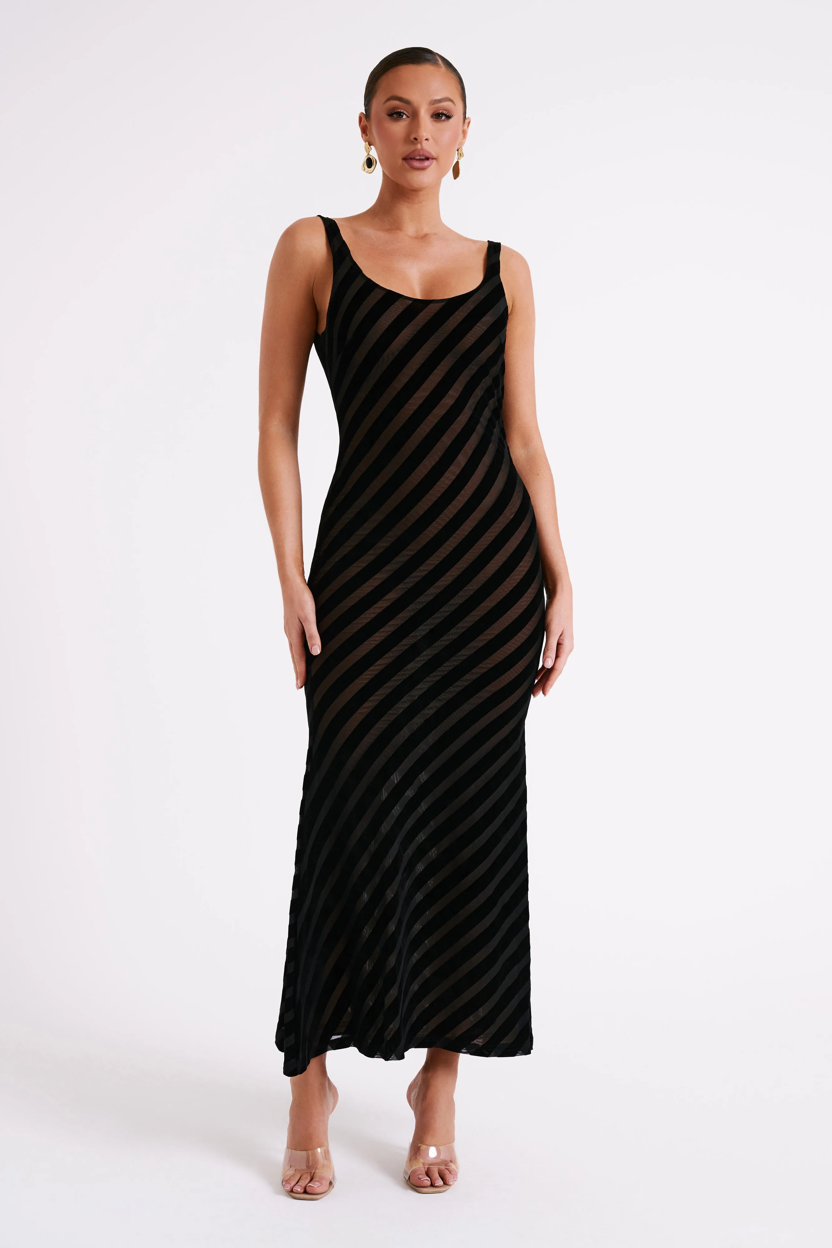 Elena Striped Velvet Burnout Maxi Dress - Black sold by Meshki
