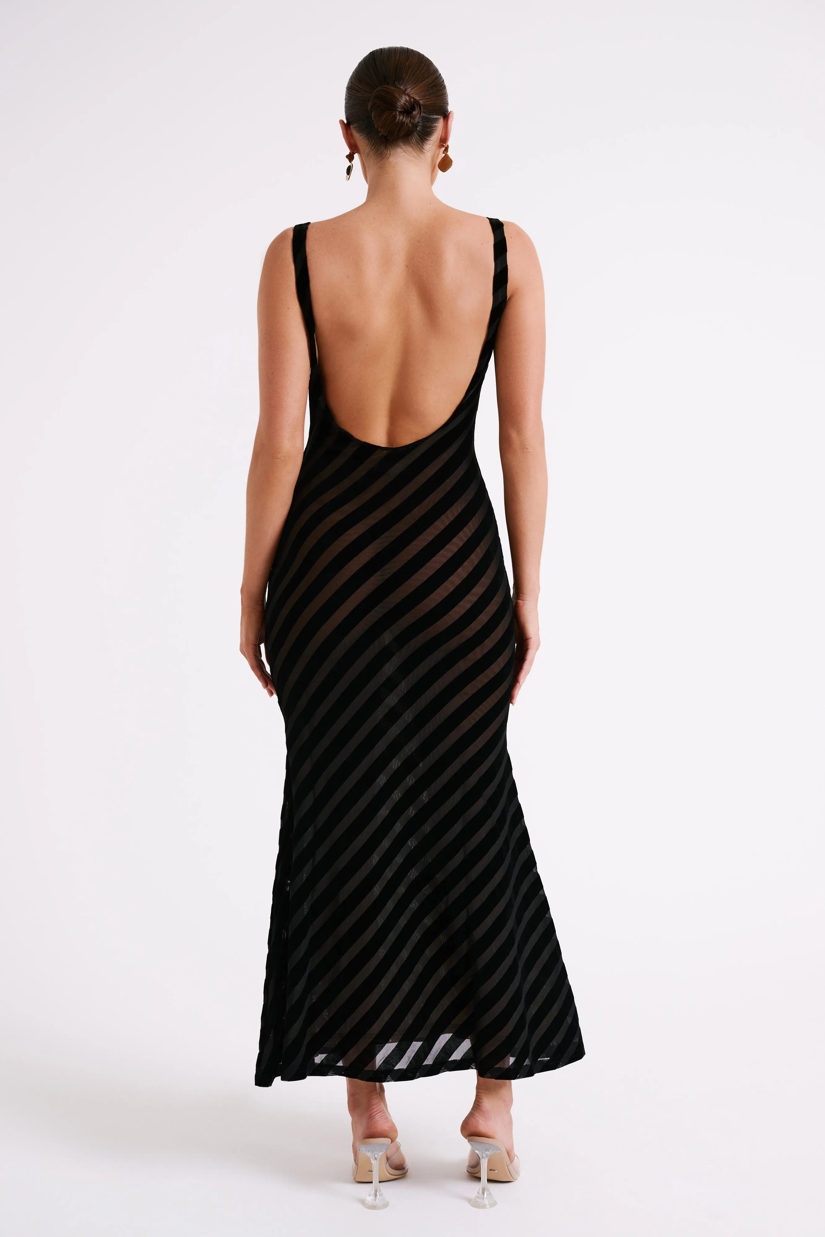 Elena Striped Velvet Burnout Maxi Dress - Black sold by Meshki product image thumbnail 3