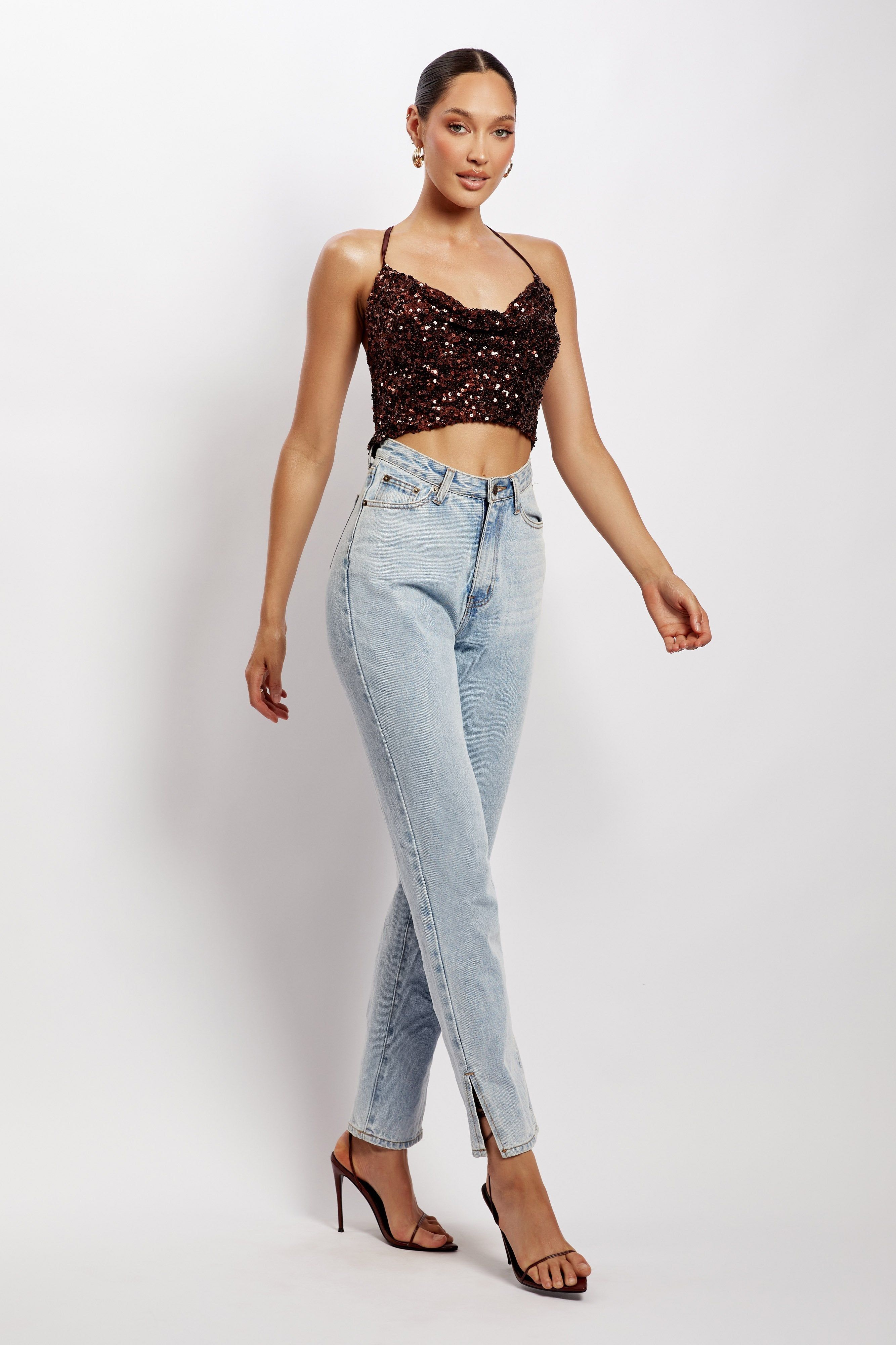 Nikita Sequin Cowl Neck Top - Chocolate sold by Meshki product image thumbnail 6