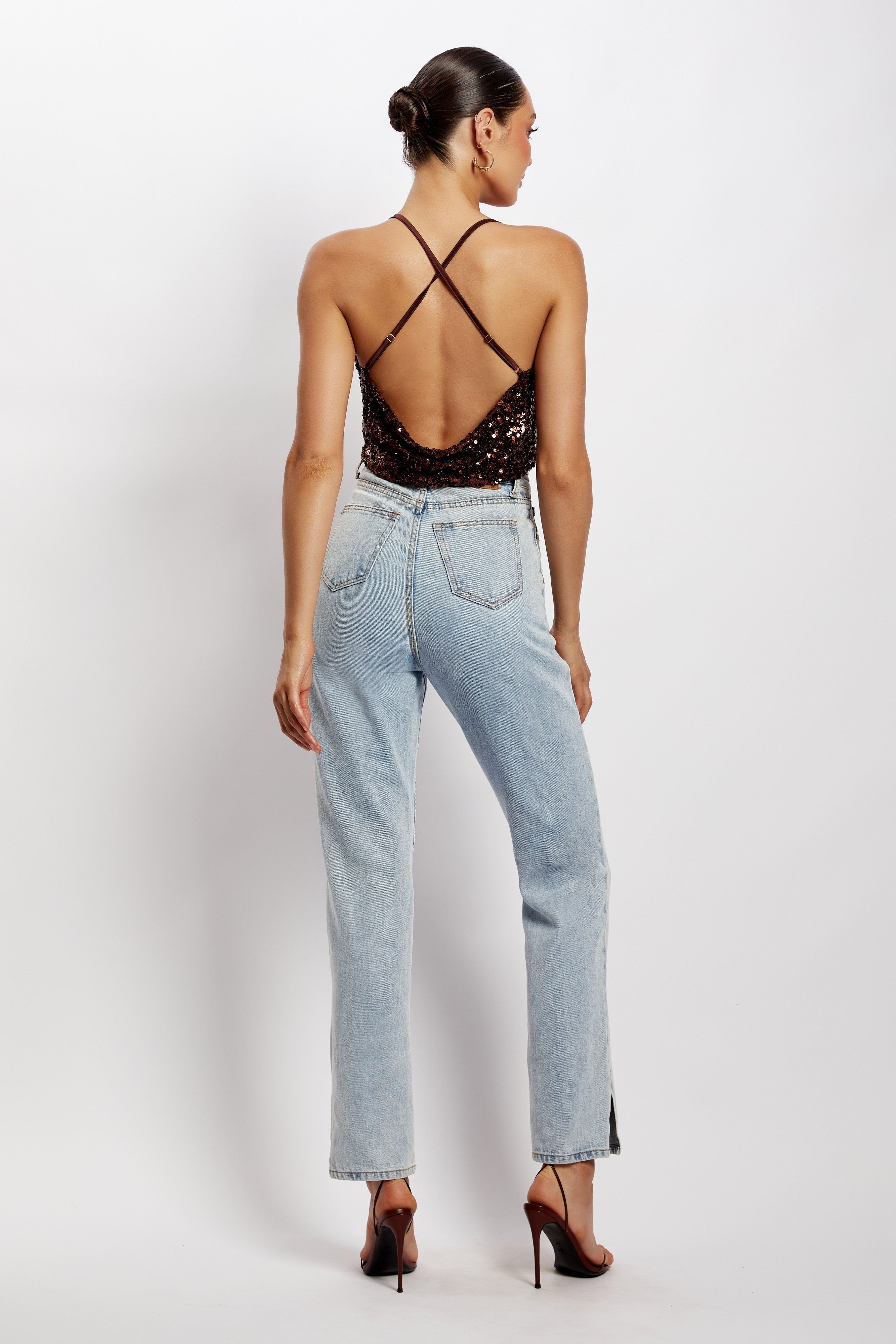 Nikita Sequin Cowl Neck Top - Chocolate sold by Meshki product image thumbnail 2