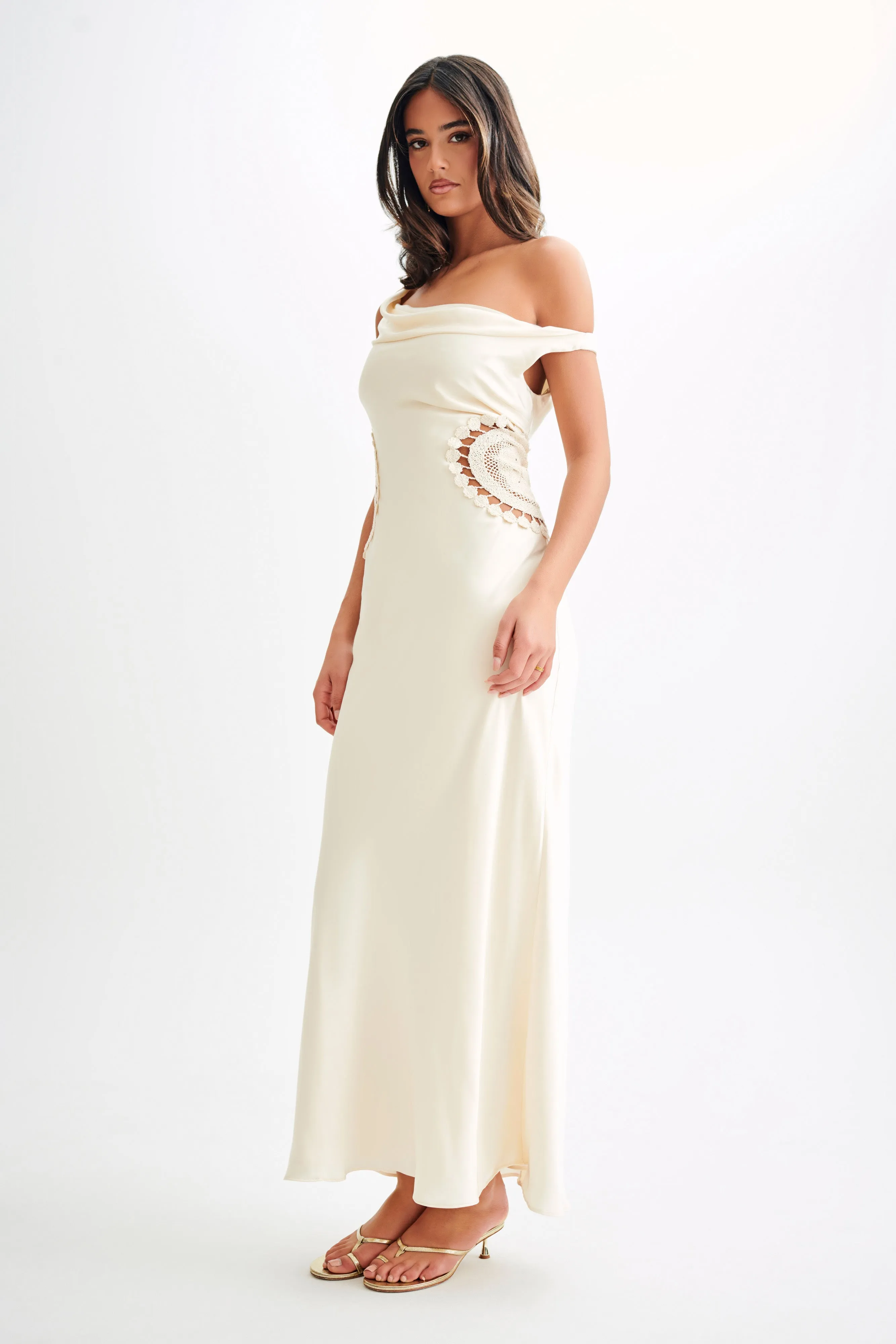 Kristina Satin Maxi Dress With Crochet - Ivory sold by Meshki product image thumbnail 4