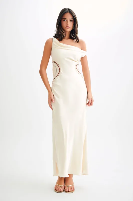 Kristina Satin Maxi Dress With Crochet - Ivory sold by Meshki