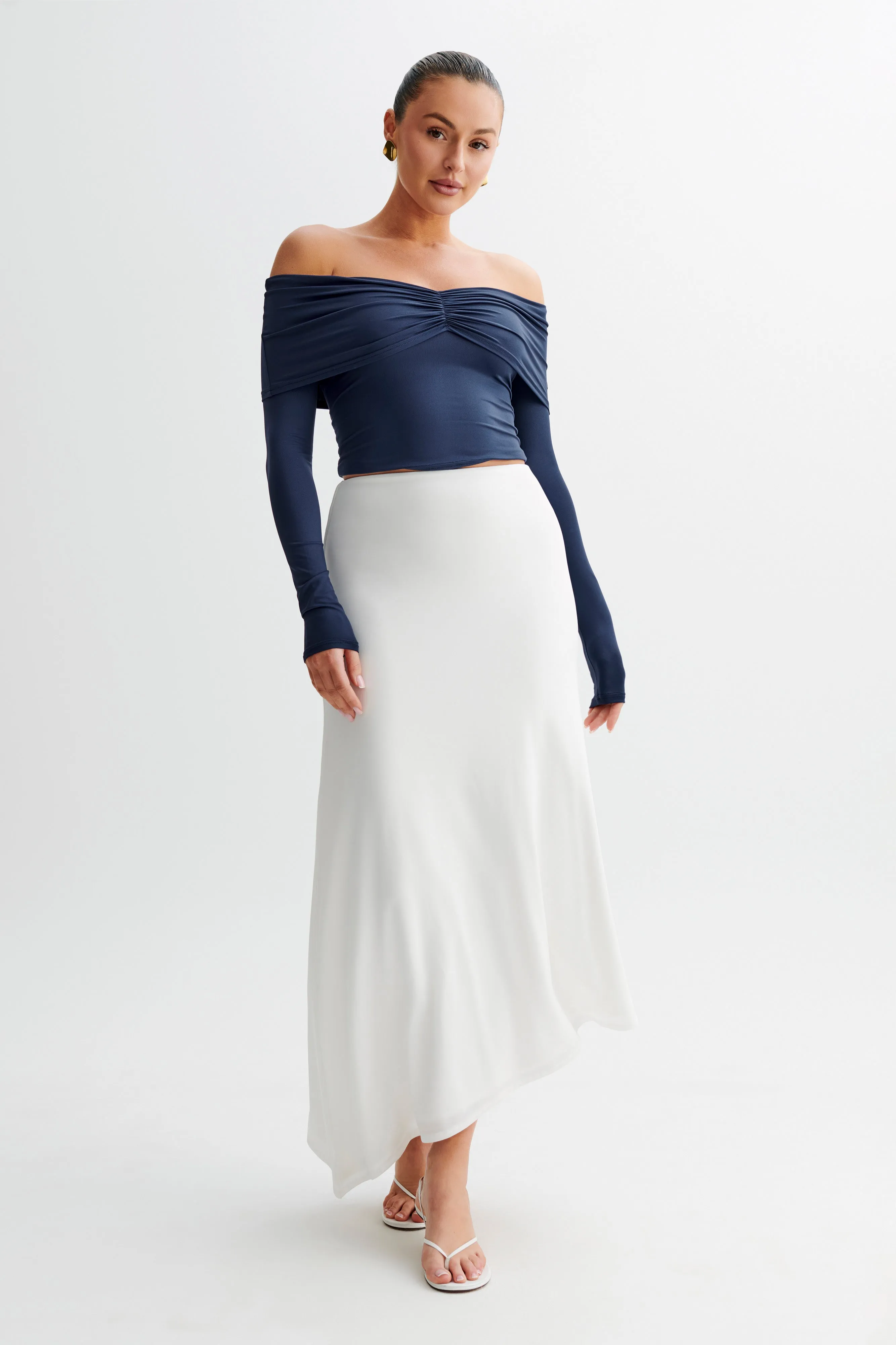 Prue Ruched Off Shoulder Long Sleeve Top - Navy sold by Meshki product image thumbnail 5