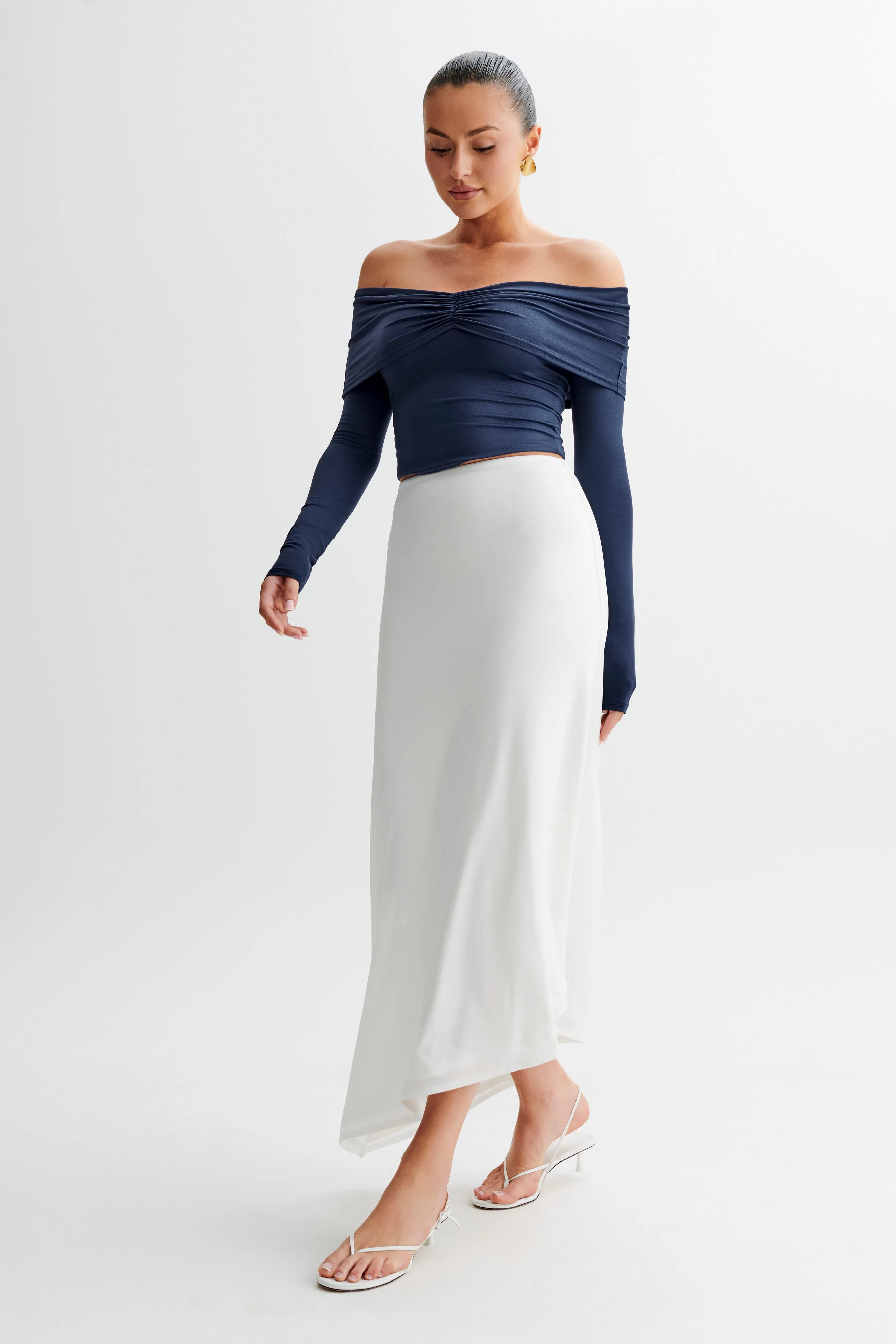 Prue Ruched Off Shoulder Long Sleeve Top - Navy sold by Meshki product image thumbnail 4