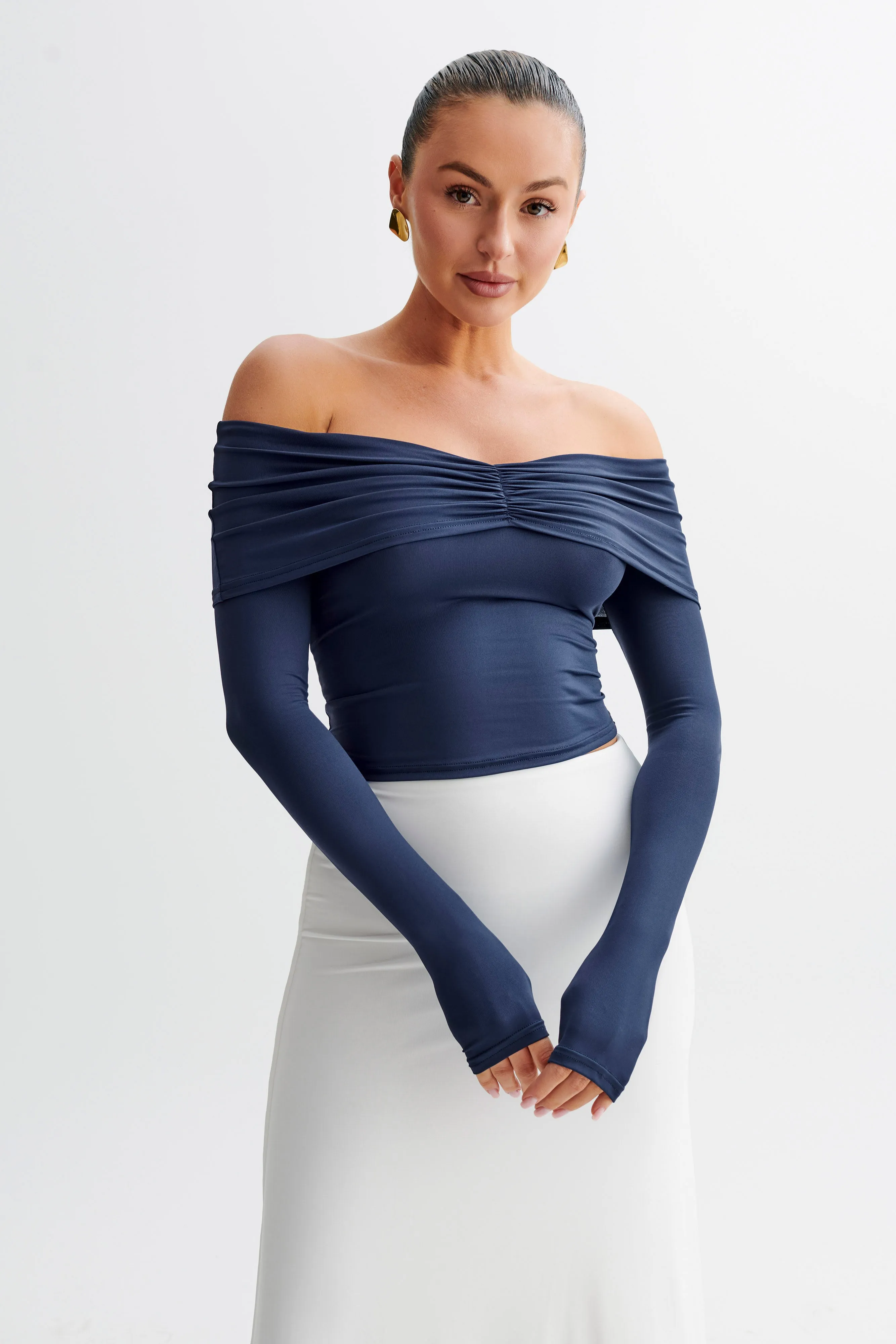 Prue Ruched Off Shoulder Long Sleeve Top - Navy sold by Meshki