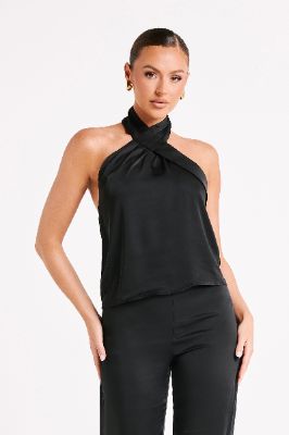 Elisa Satin Halter Top - Black sold by Meshki