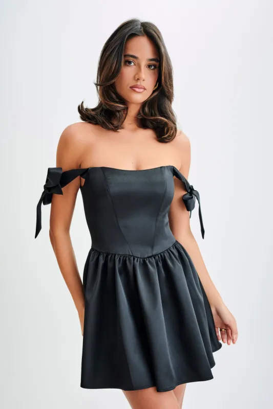 Rita Satin Mini Dress With Bow Sleeves - Black sold by Meshki