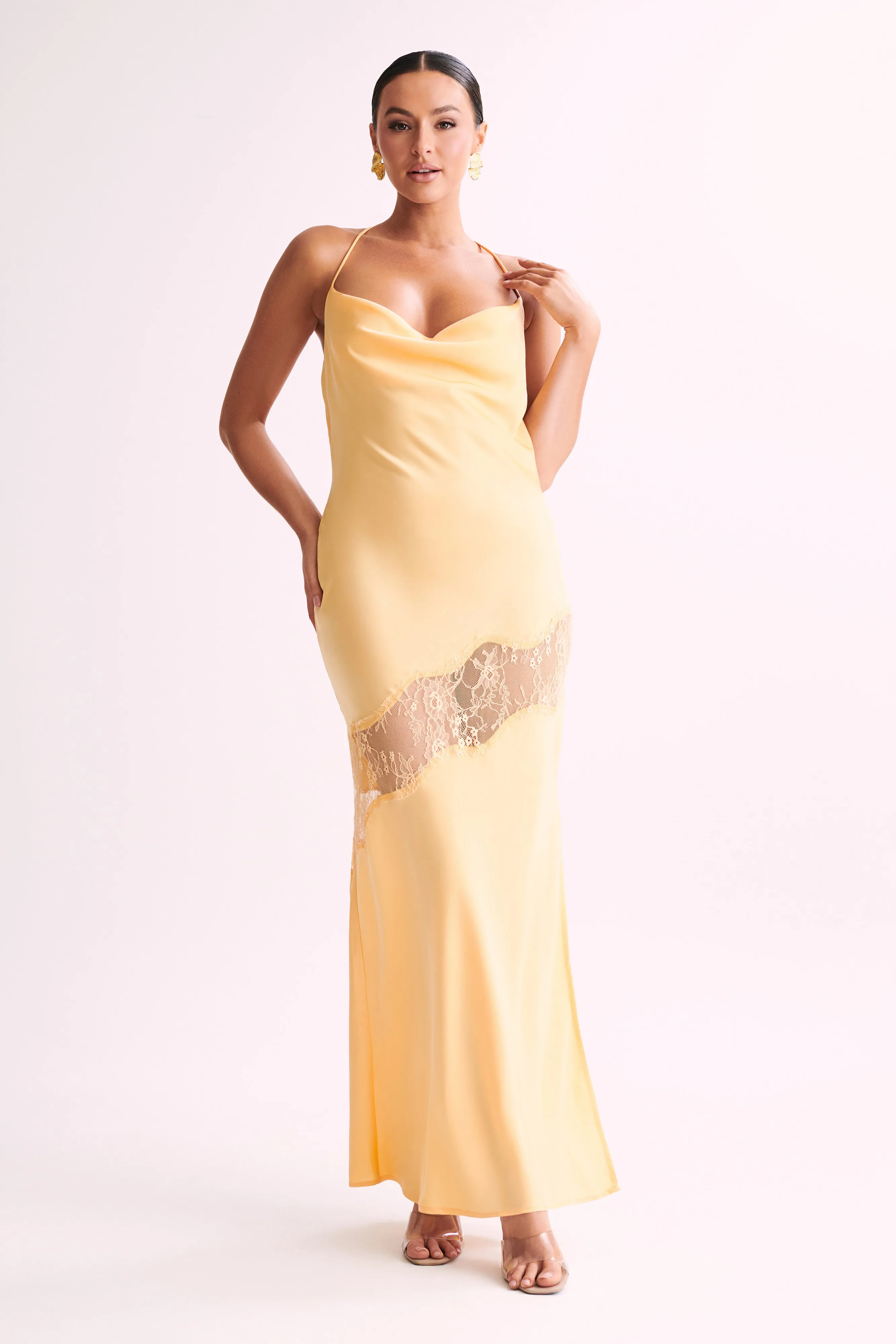 Chandra Lace Detail Satin Maxi Dress - Lemon sold by Meshki product image thumbnail 5