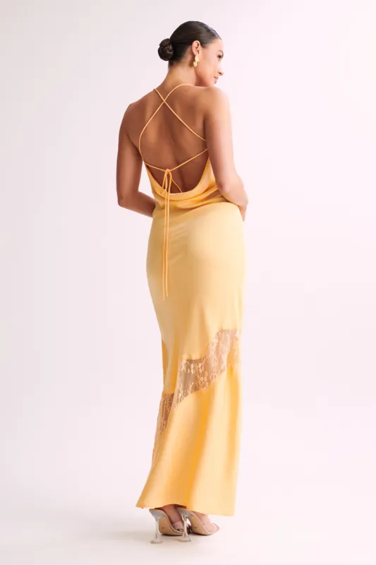 chandra lace detail satin maxi dress - lemon Strappy Contrast Lace Detail Maxi Dress In Lemon Satin | EGO US