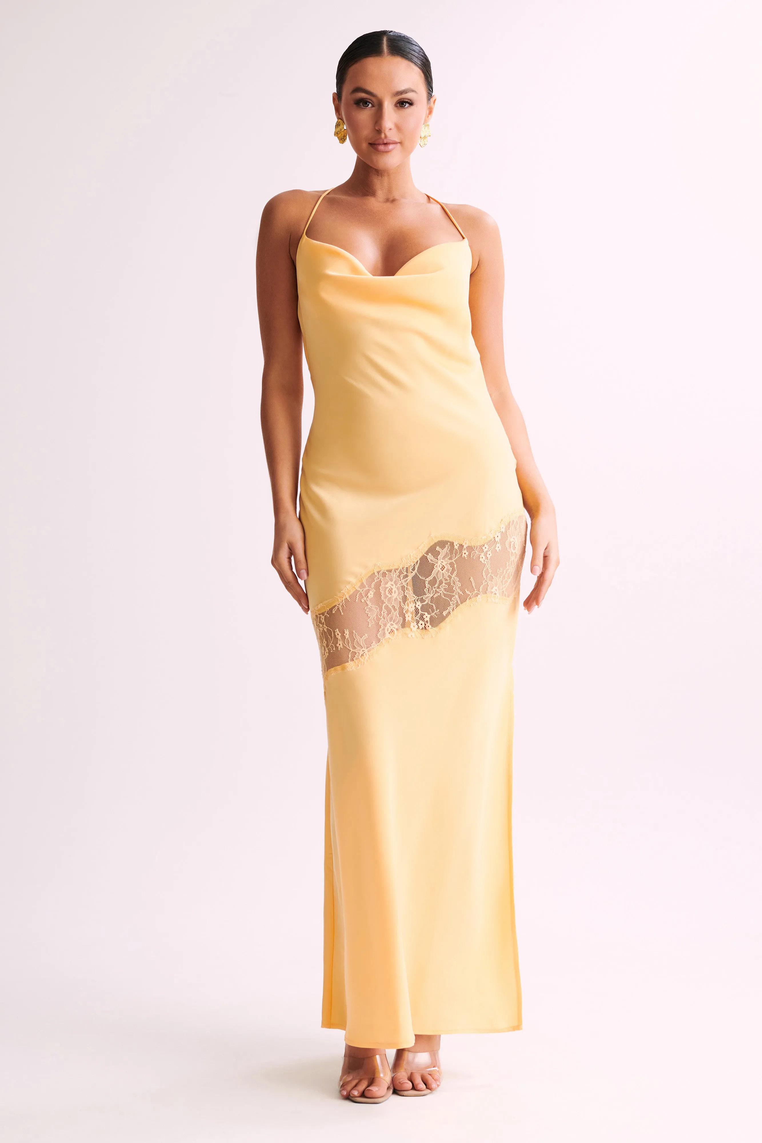 Chandra Lace Detail Satin Maxi Dress Lemon Parallel