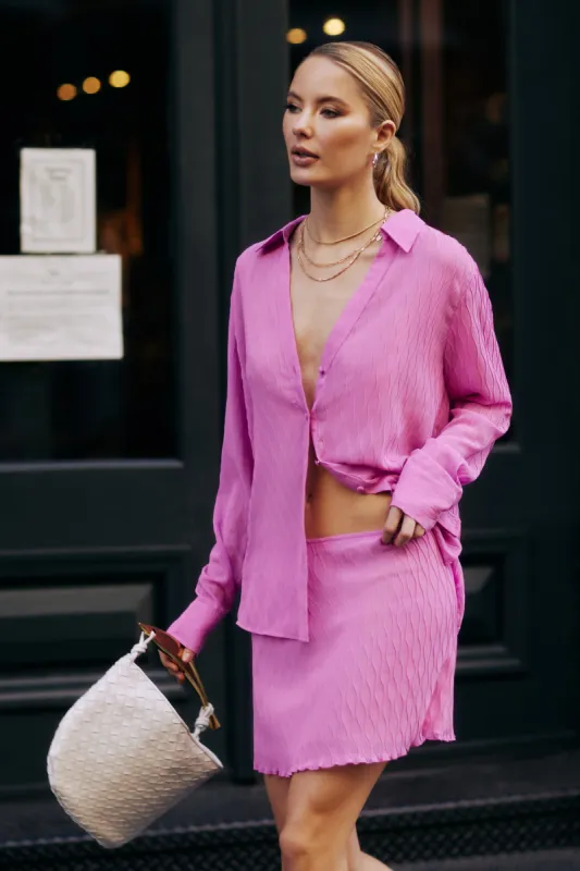 Karla Wave Pleat Oversized Shirt - Rose Pink sold by Meshki