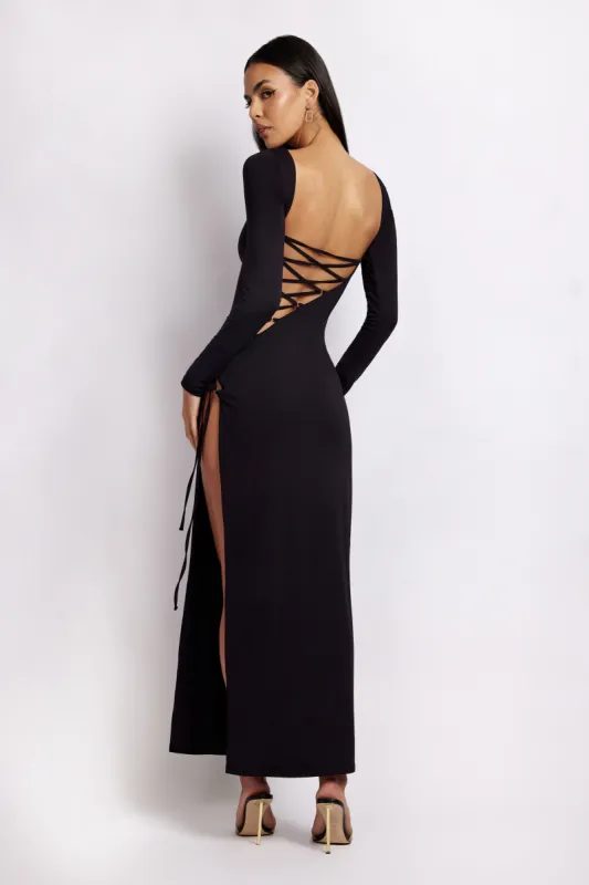 Kathryn Recycled Nylon Lace Up Maxi Dress - Black made by Meshki