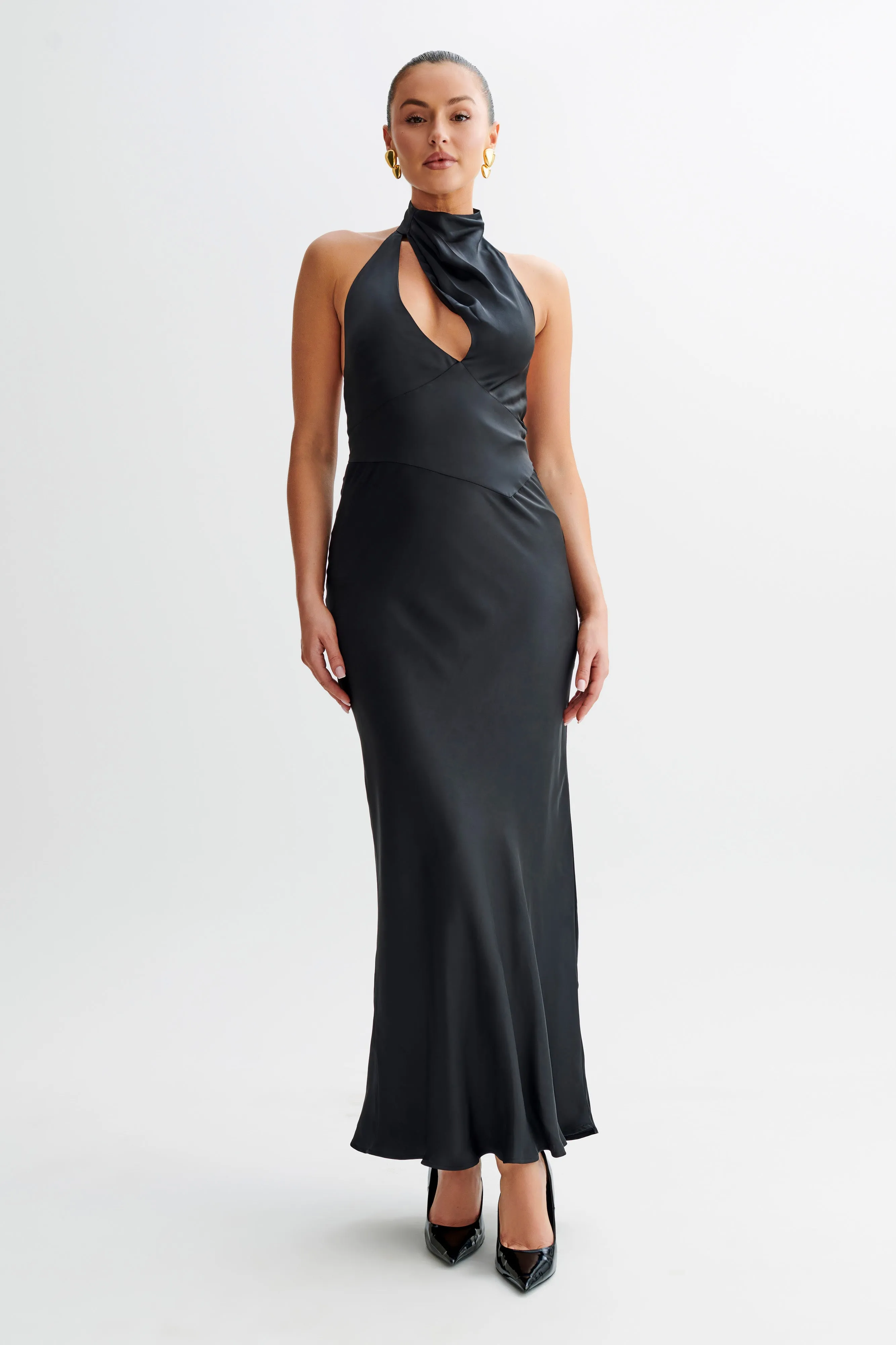 Belladonna Satin Halter Maxi Dress - Black sold by Meshki