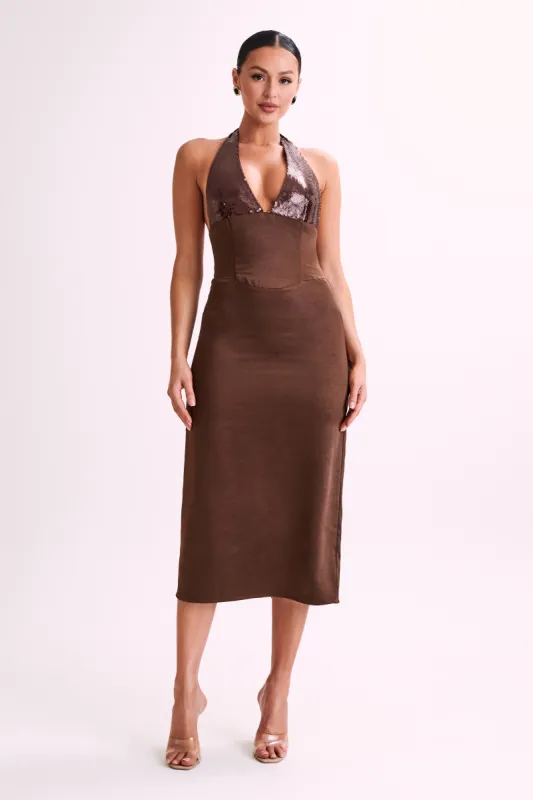 Ebony Satin Midi Dress With Sequins - Chocolate sold by Meshki