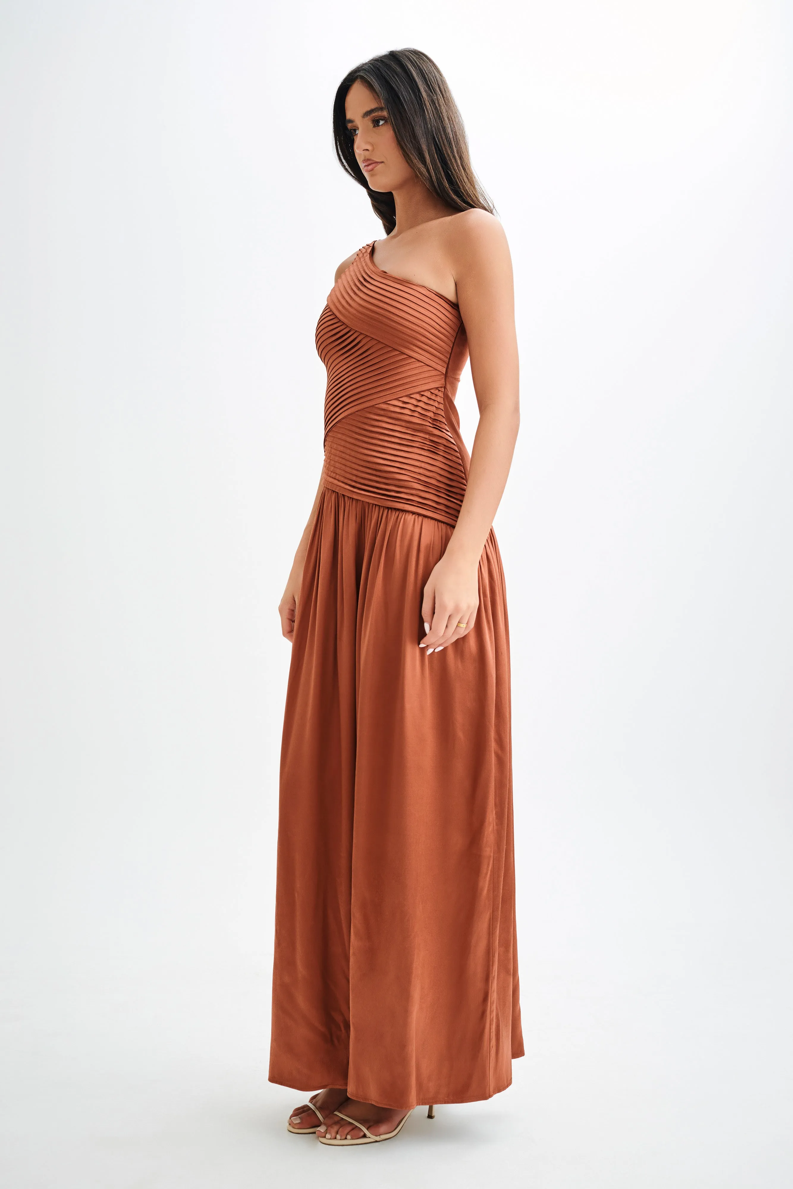 Jenna One Shoulder Pleated Maxi Dress - Wood | Parallel