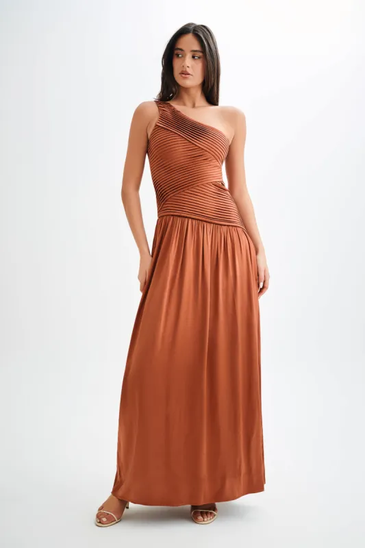 Jenna One Shoulder Pleated Maxi Dress - Wood sold by Meshki