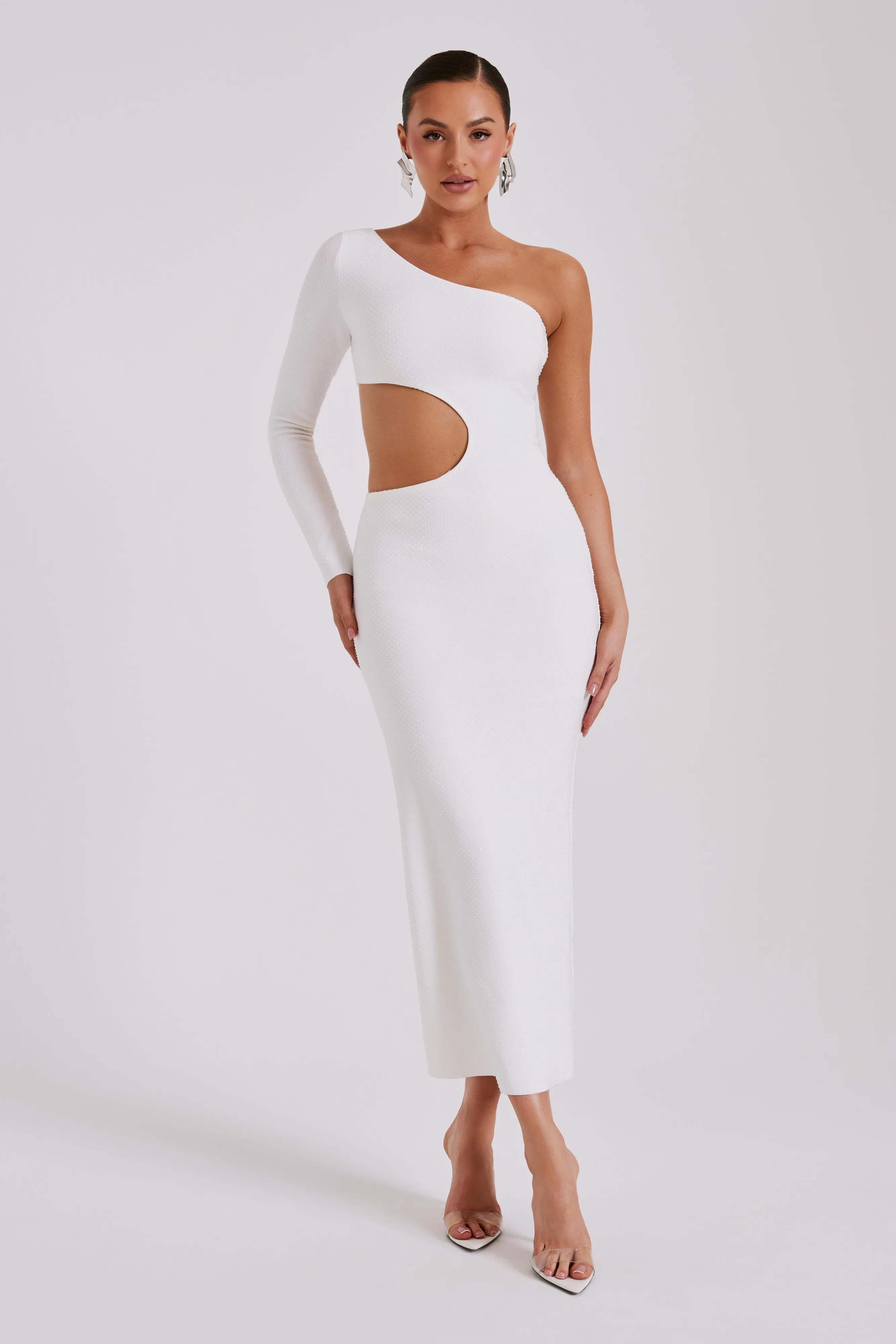 Alisson Hot Fix Crepe One Shoulder Maxi Dress - White sold by Meshki product image thumbnail 2