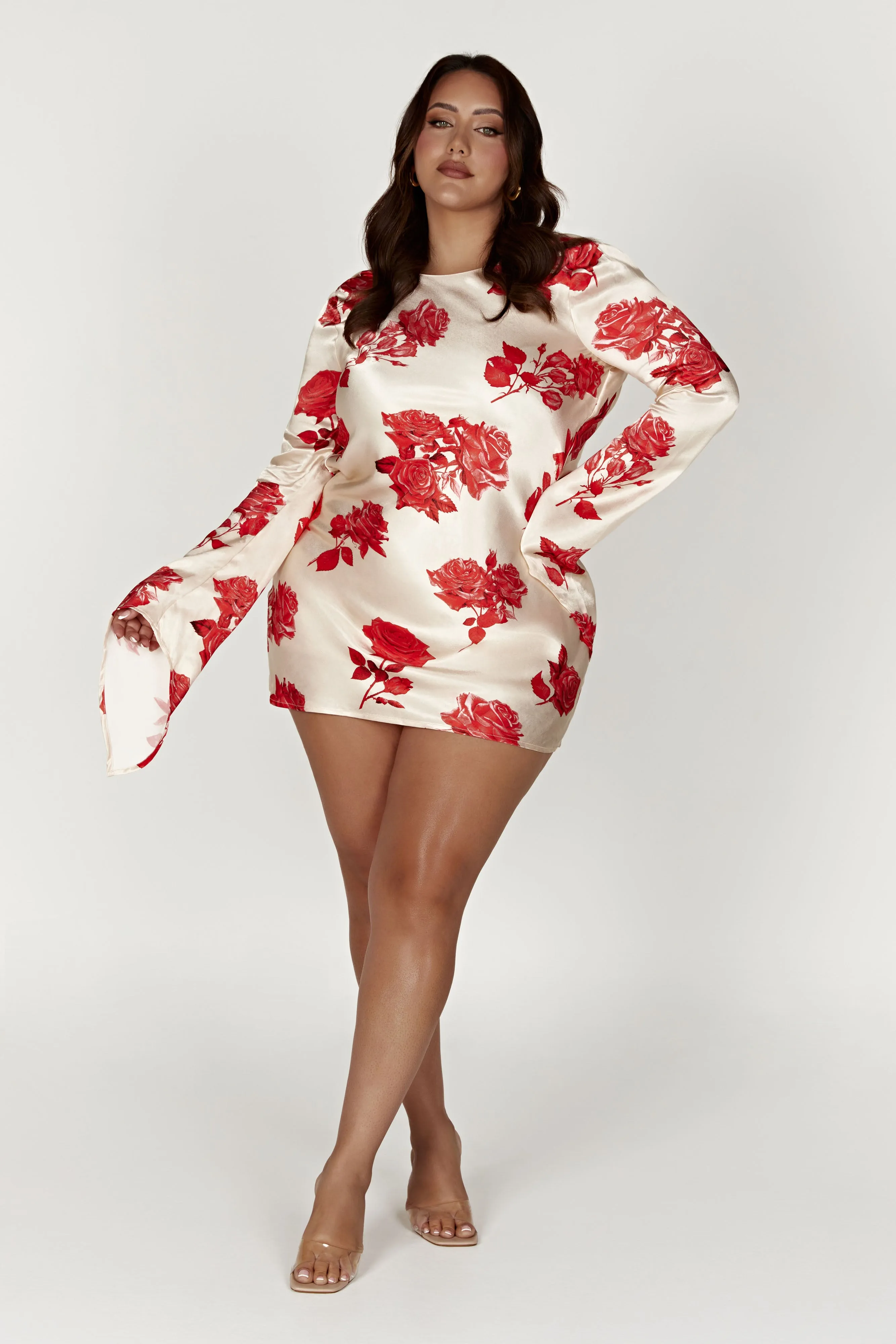 Davina Satin Long Sleeve Mini Dress - Rose Print sold by Meshki product image thumbnail 4