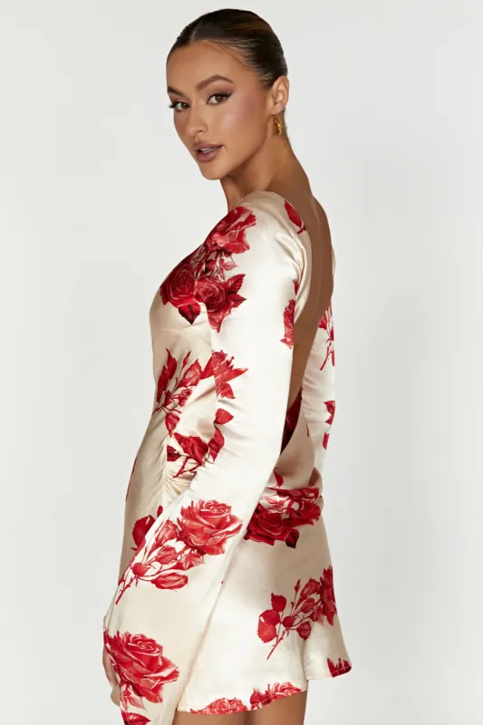 Davina Satin Long Sleeve Mini Dress - Rose Print sold by Meshki