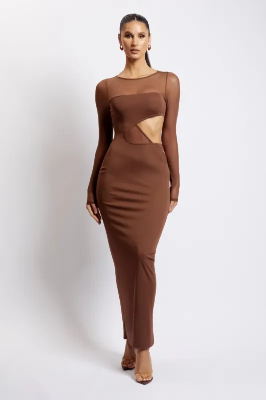 Florencia Long Sleeve Mesh Maxi Dress With Cut Outs - Chocolate sold by Meshki