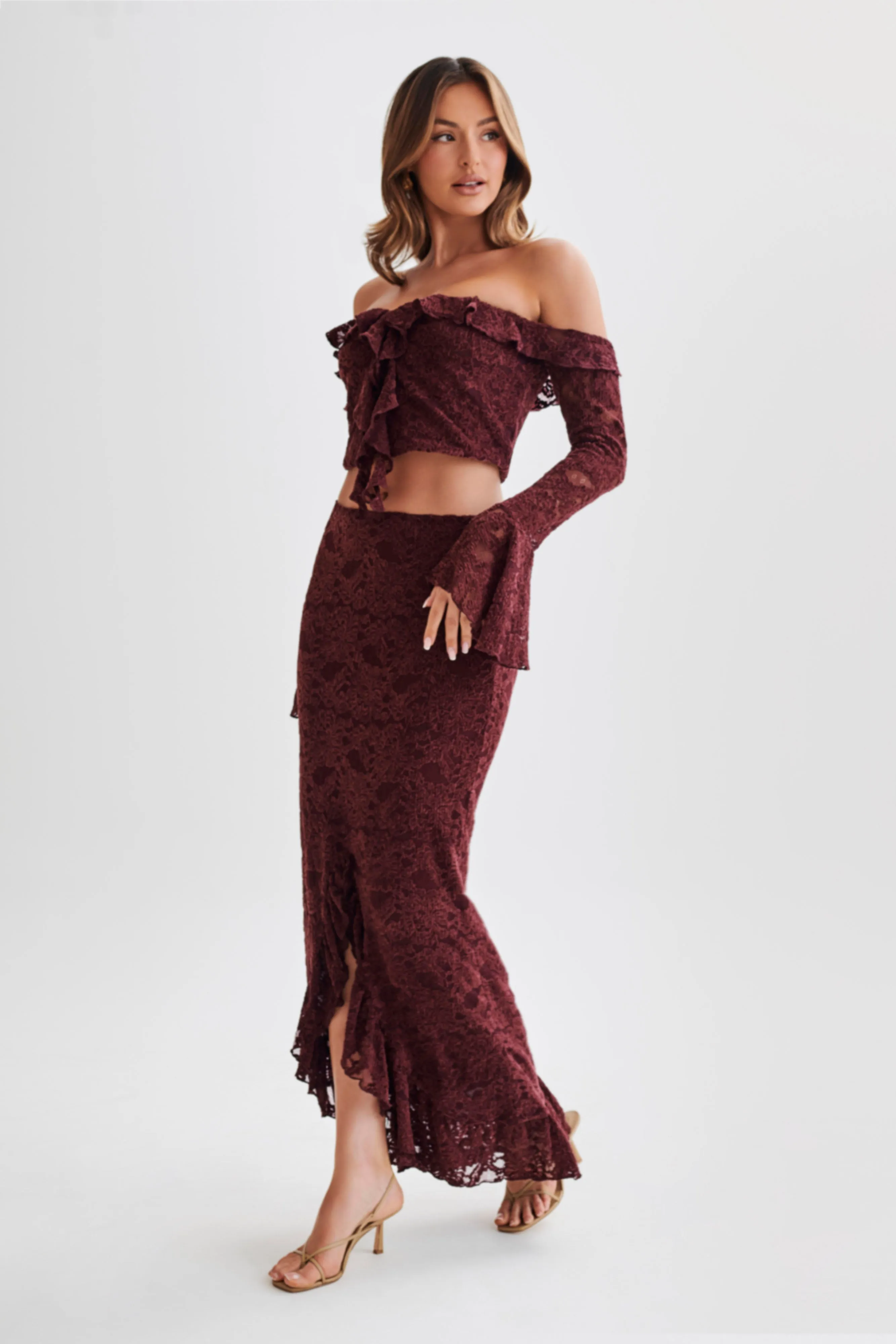 Artemis Lace Plisse Off Shoulder Top - Plum sold by Meshki product image thumbnail 4